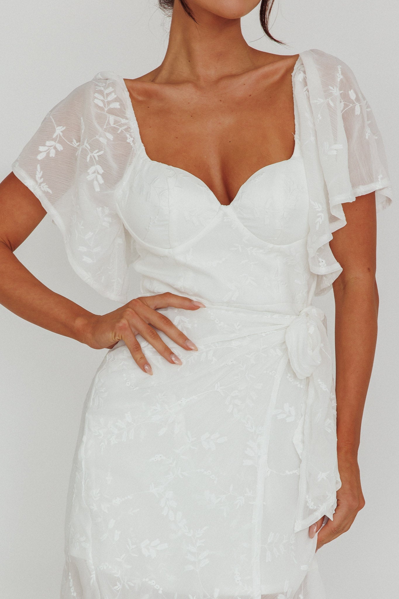 Aphrodite Molded Bust Angel Sleeve Midi Dress Floral White-Fable Dress