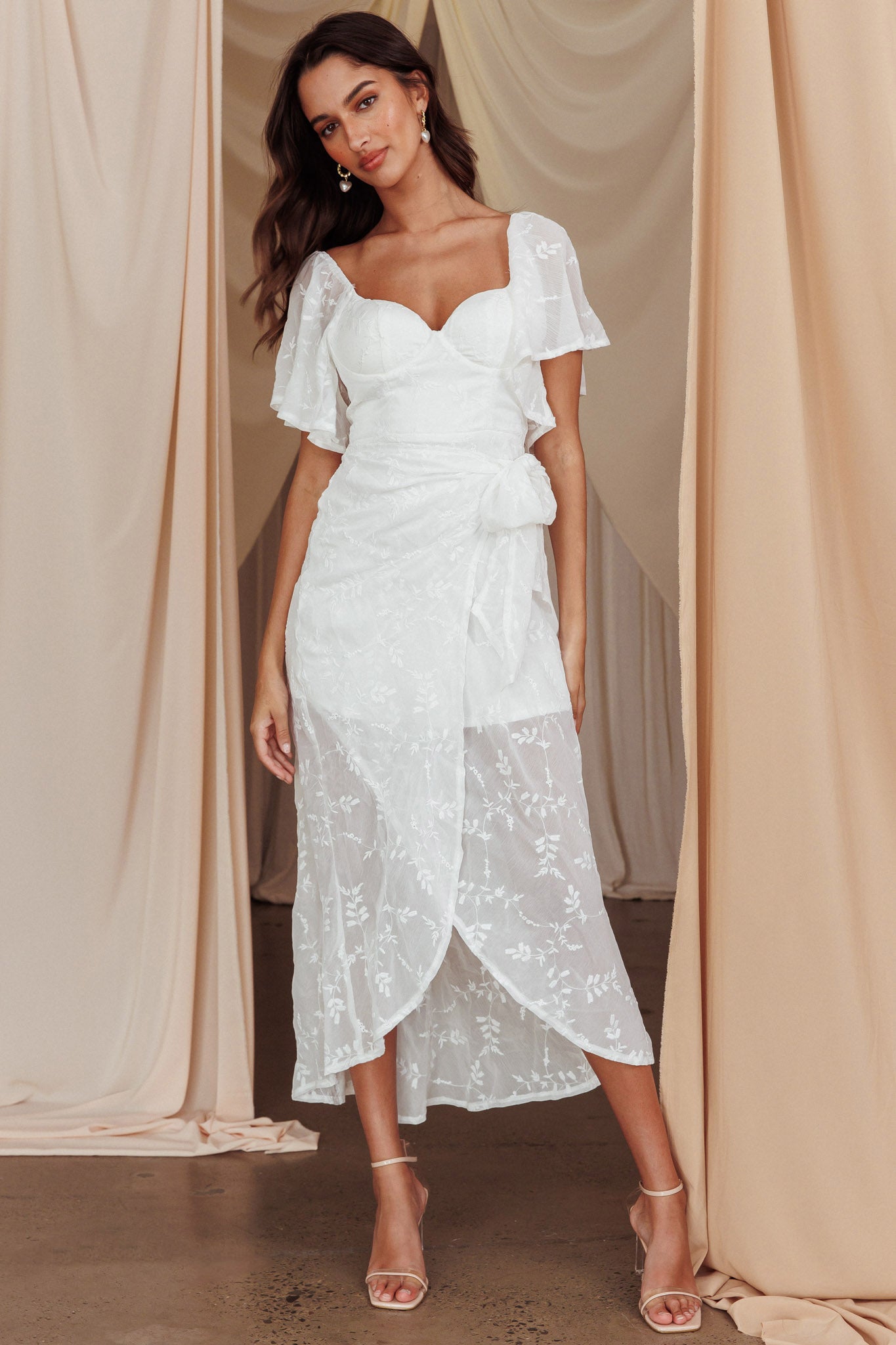 Aphrodite Molded Bust Angel Sleeve Midi Dress Floral White-Fable Dress