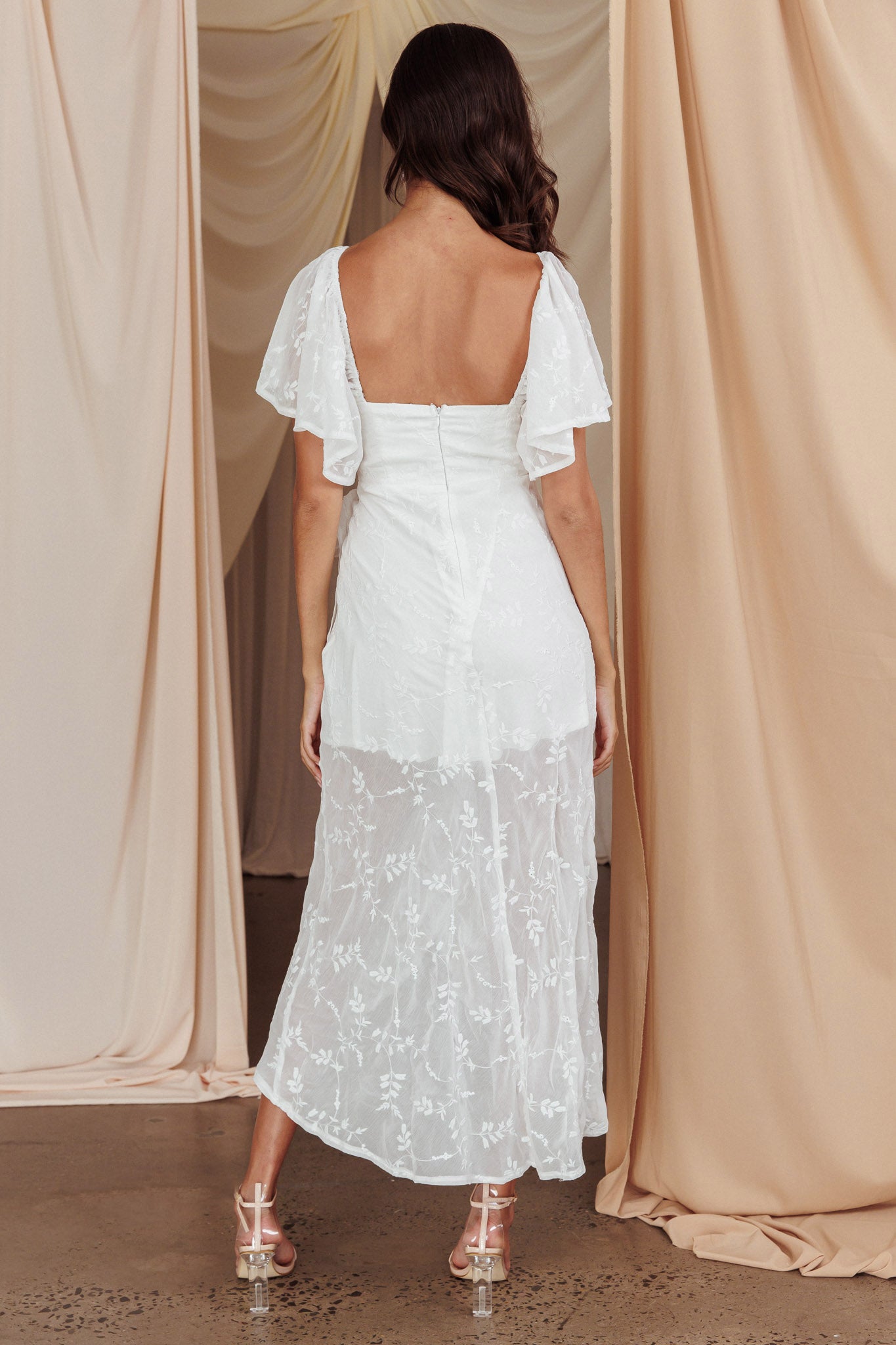 Aphrodite Molded Bust Angel Sleeve Midi Dress Floral White-Fable Dress