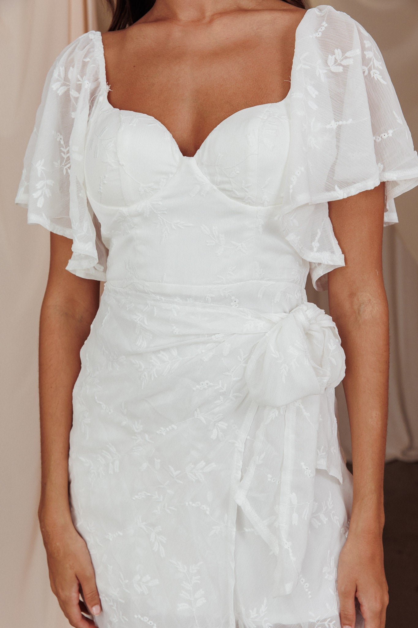 Aphrodite Molded Bust Angel Sleeve Midi Dress Floral White-Fable Dress