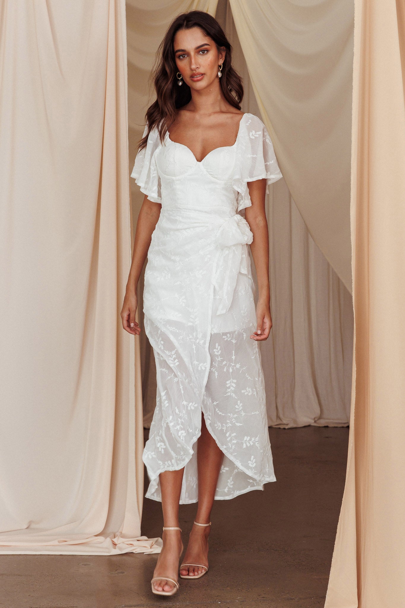 Aphrodite Molded Bust Angel Sleeve Midi Dress Floral White-Fable Dress