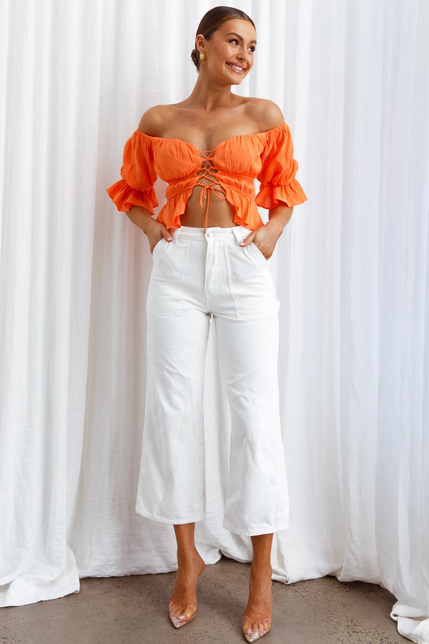 Josephina Off-Shoulder Lace-Up Front Crop Top Neon Orange-Fable Dress