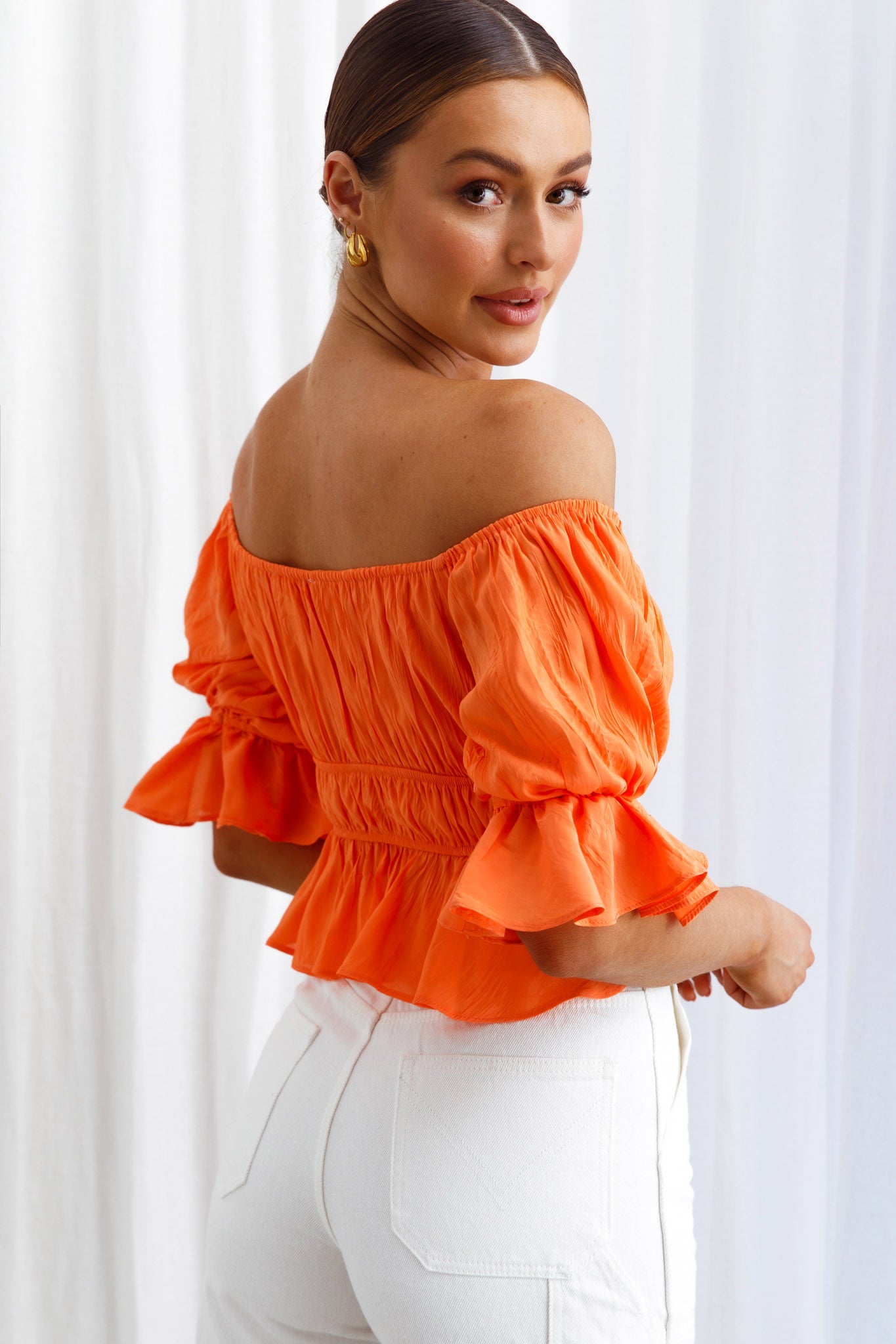 Josephina Off-Shoulder Lace-Up Front Crop Top Neon Orange-Fable Dress
