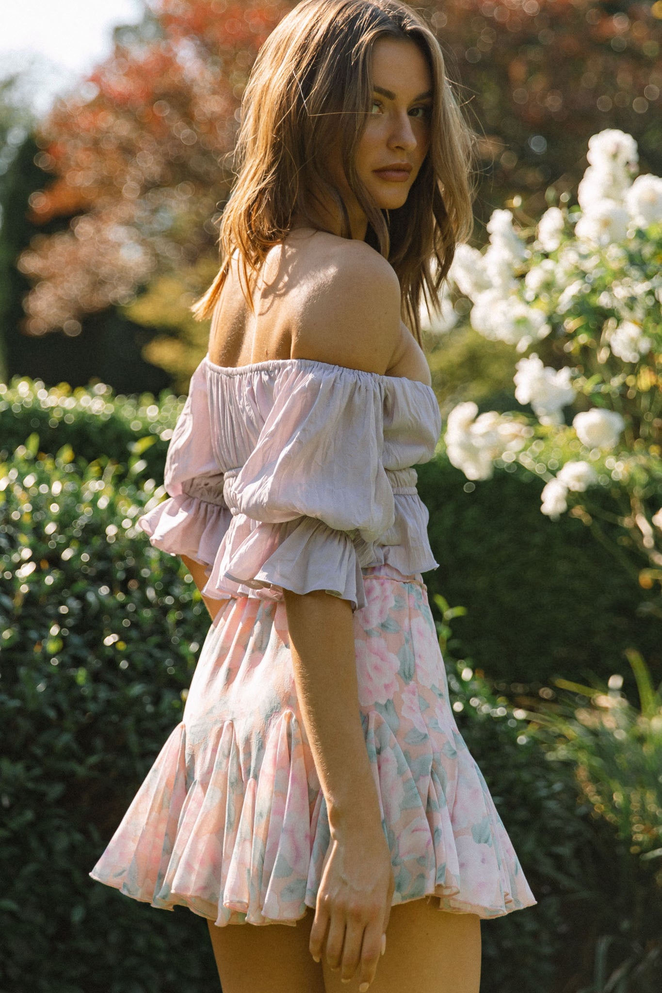 Josephina Off-Shoulder Lace-Up Front Crop Top Lilac-Fable Dress