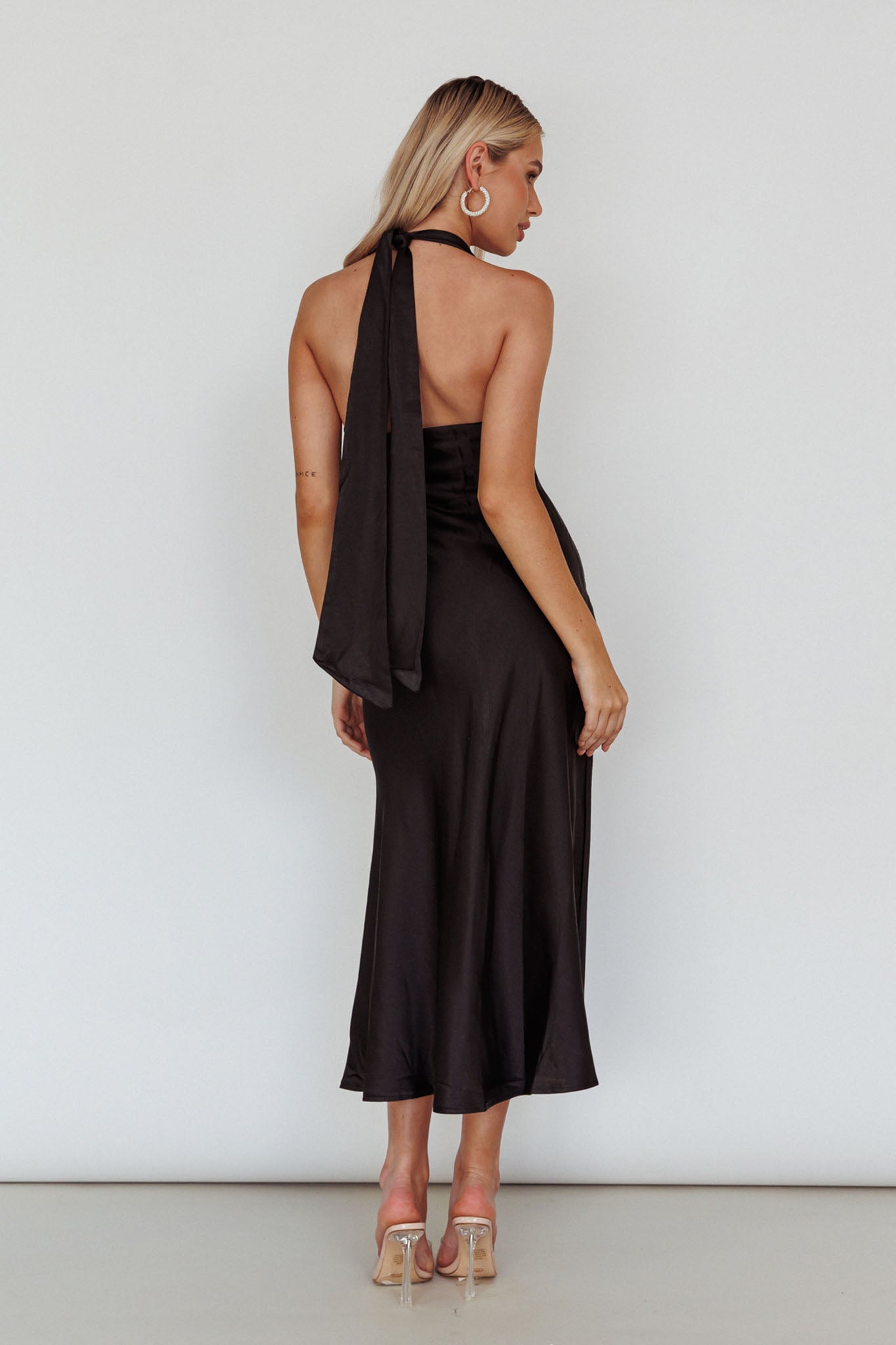 Champagne Showers Halterneck Slip Midi Dress Black-Fable Dress
