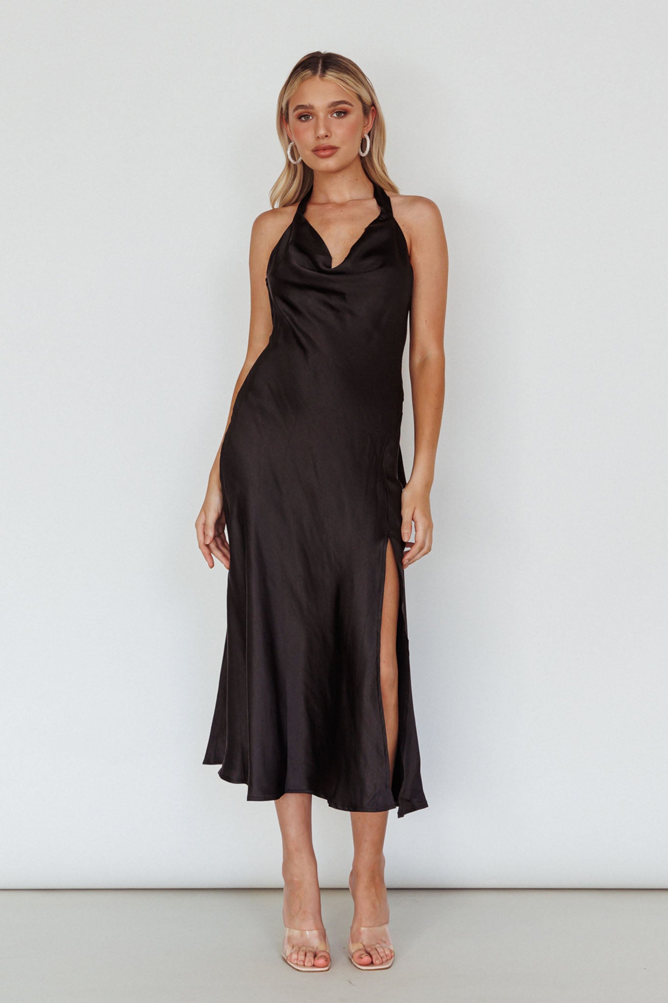 Champagne Showers Halterneck Slip Midi Dress Black-Fable Dress