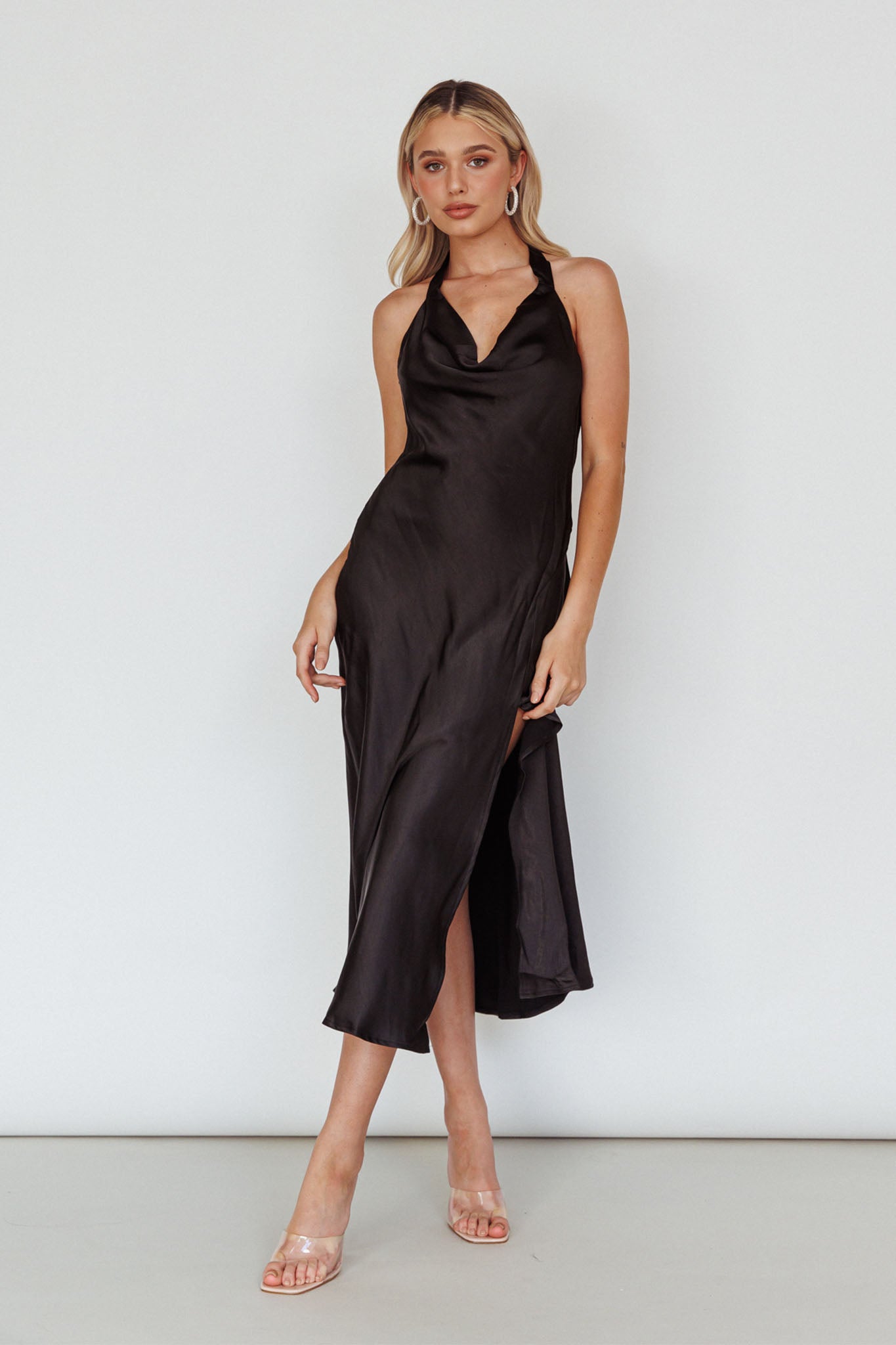 Champagne Showers Halterneck Slip Midi Dress Black-Fable Dress