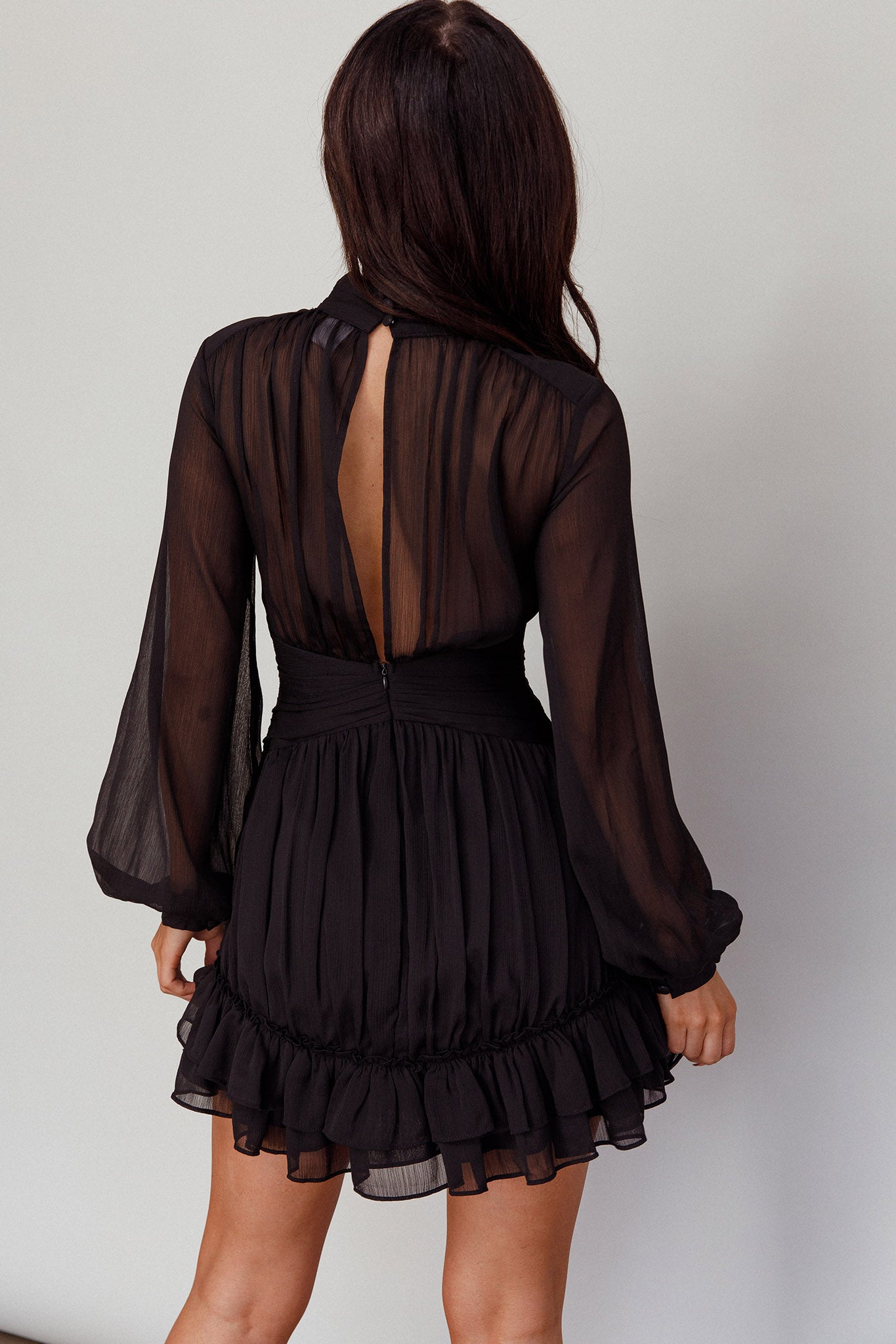 Mandalay High Neck Long Sleeve Waistband Dress Black-Fable Dress