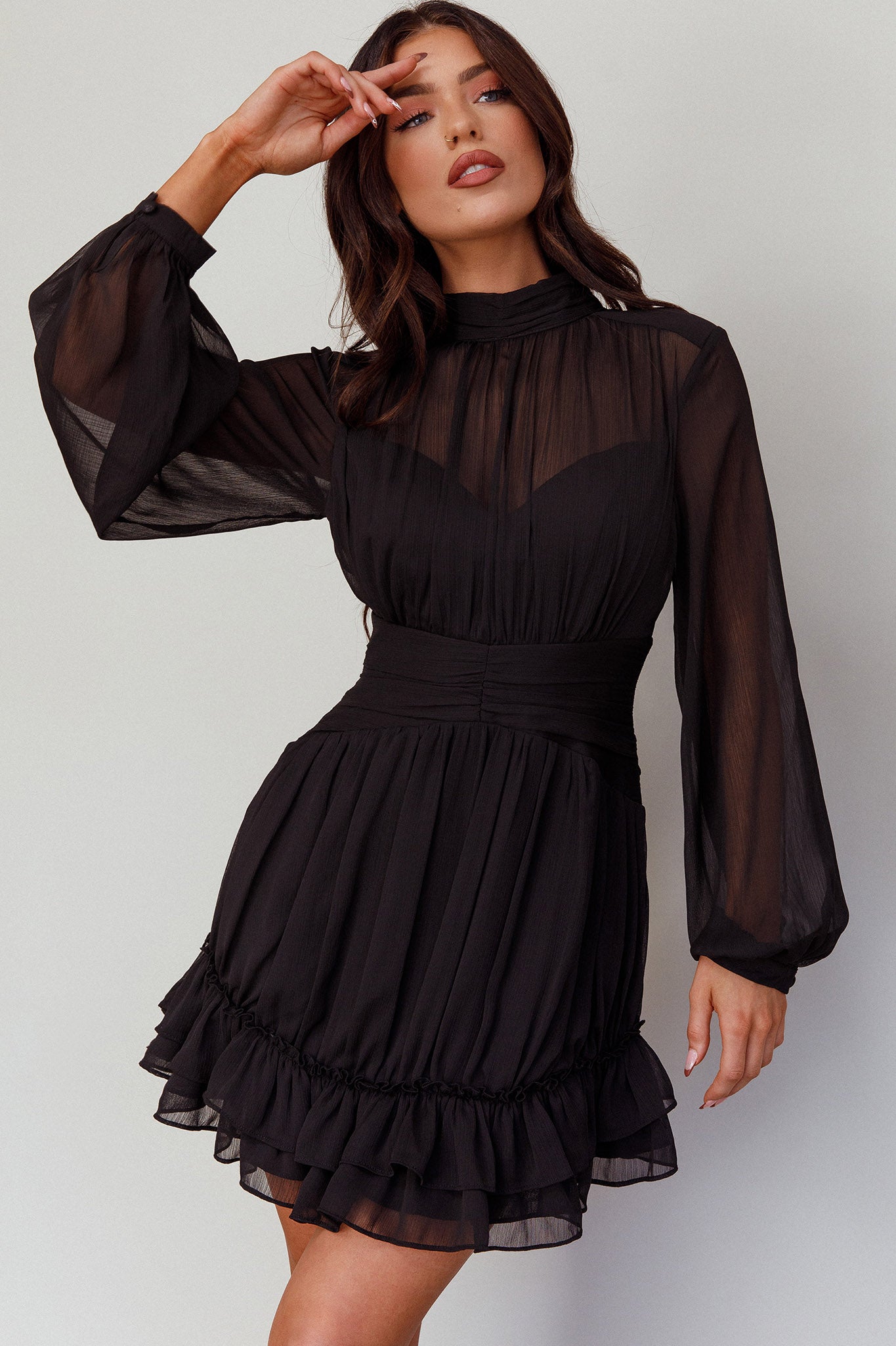 Mandalay High Neck Long Sleeve Waistband Dress Black-Fable Dress