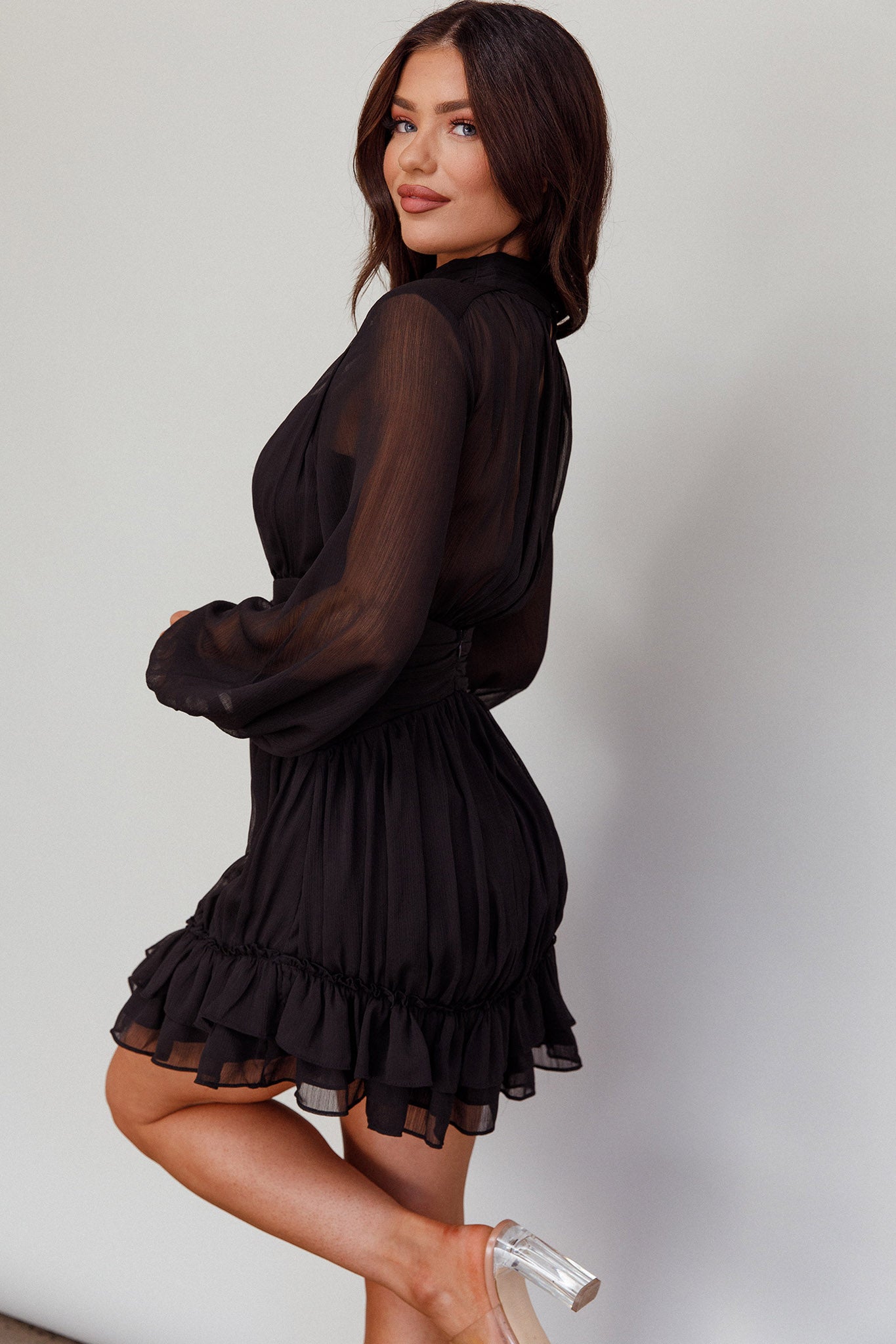 Mandalay High Neck Long Sleeve Waistband Dress Black-Fable Dress