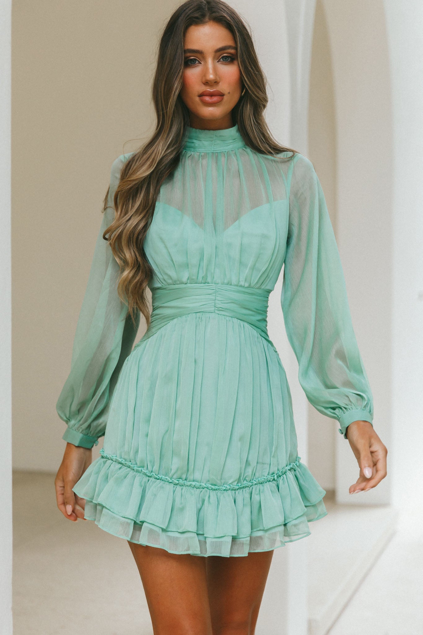 Mandalay High Neck Long Sleeve Waistband Dress Sage-Fable Dress