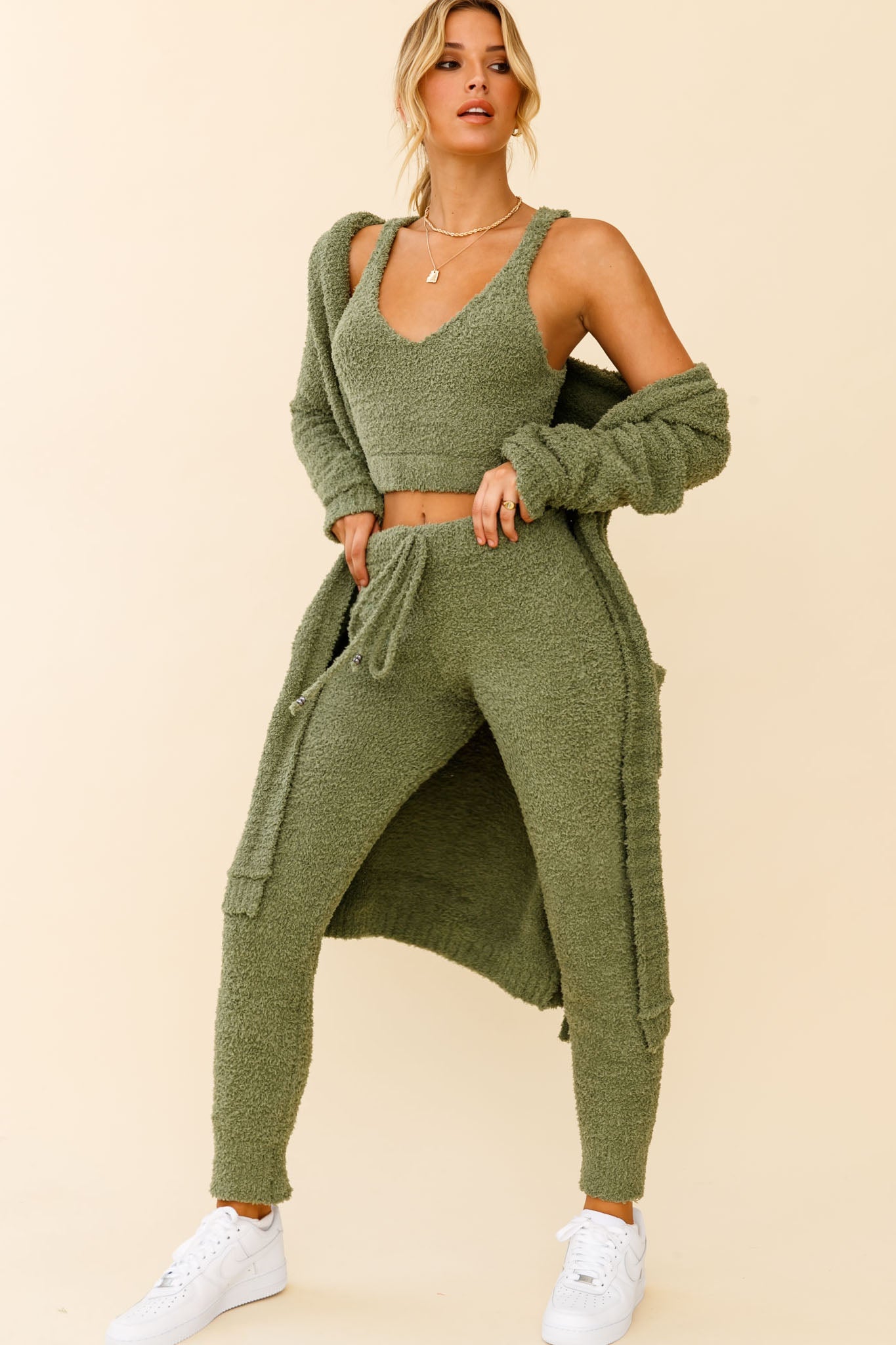 My Girl Fuzzy Knit Longline Pocket Cardigan Sage-Fable Dress