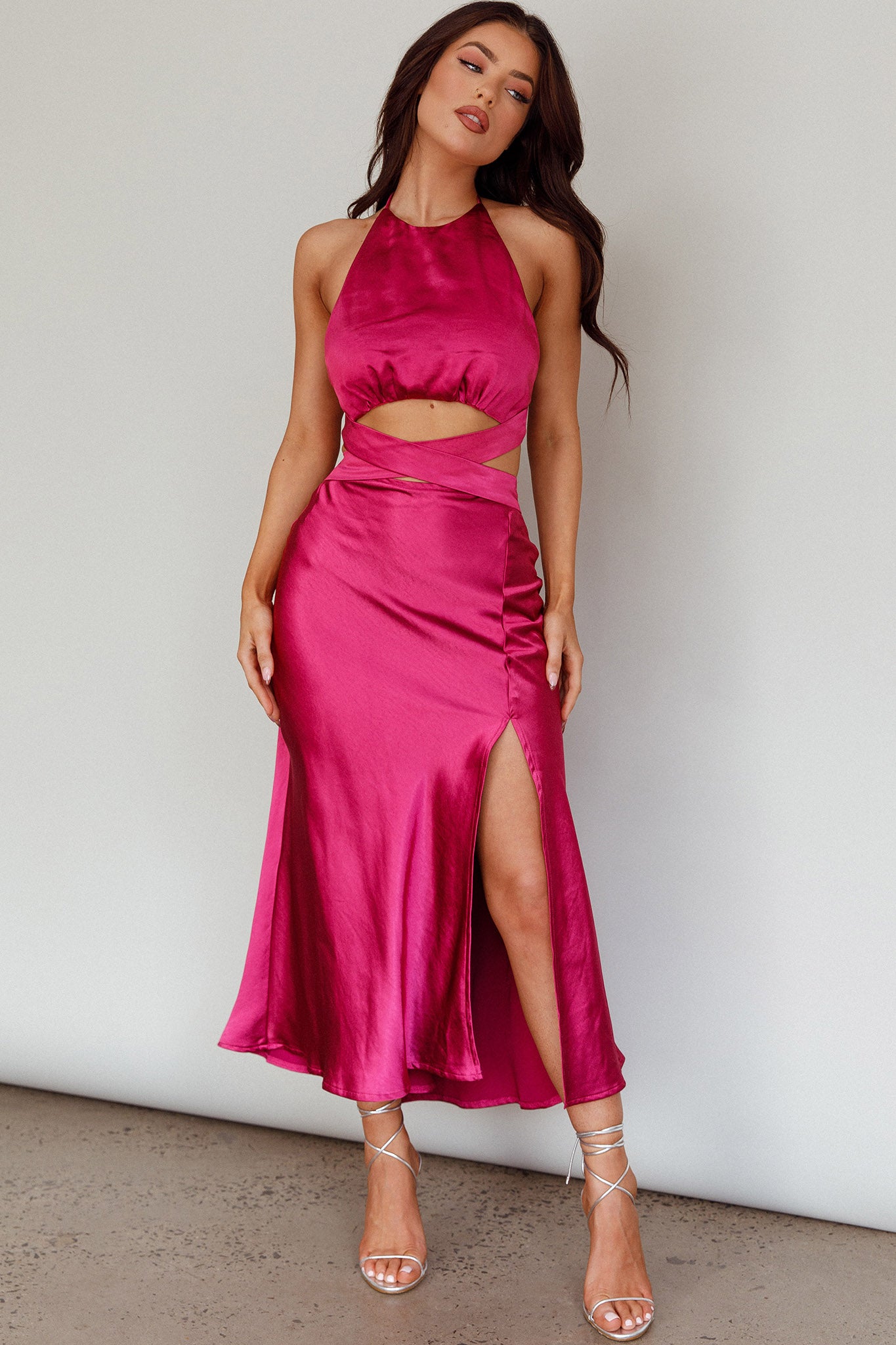 Social Butterfly Cut-Out Waist Midi Dress Fuchsia-Fable Dress