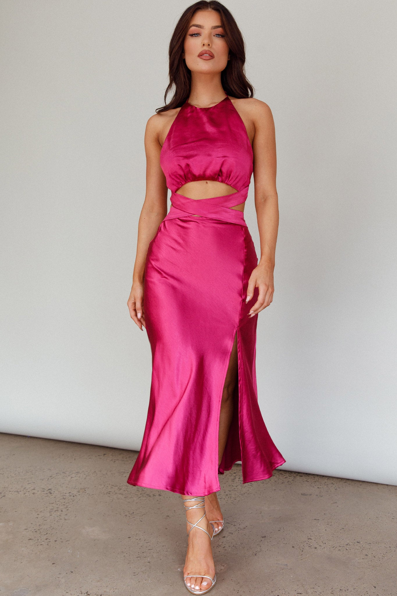 Social Butterfly Cut-Out Waist Midi Dress Fuchsia-Fable Dress