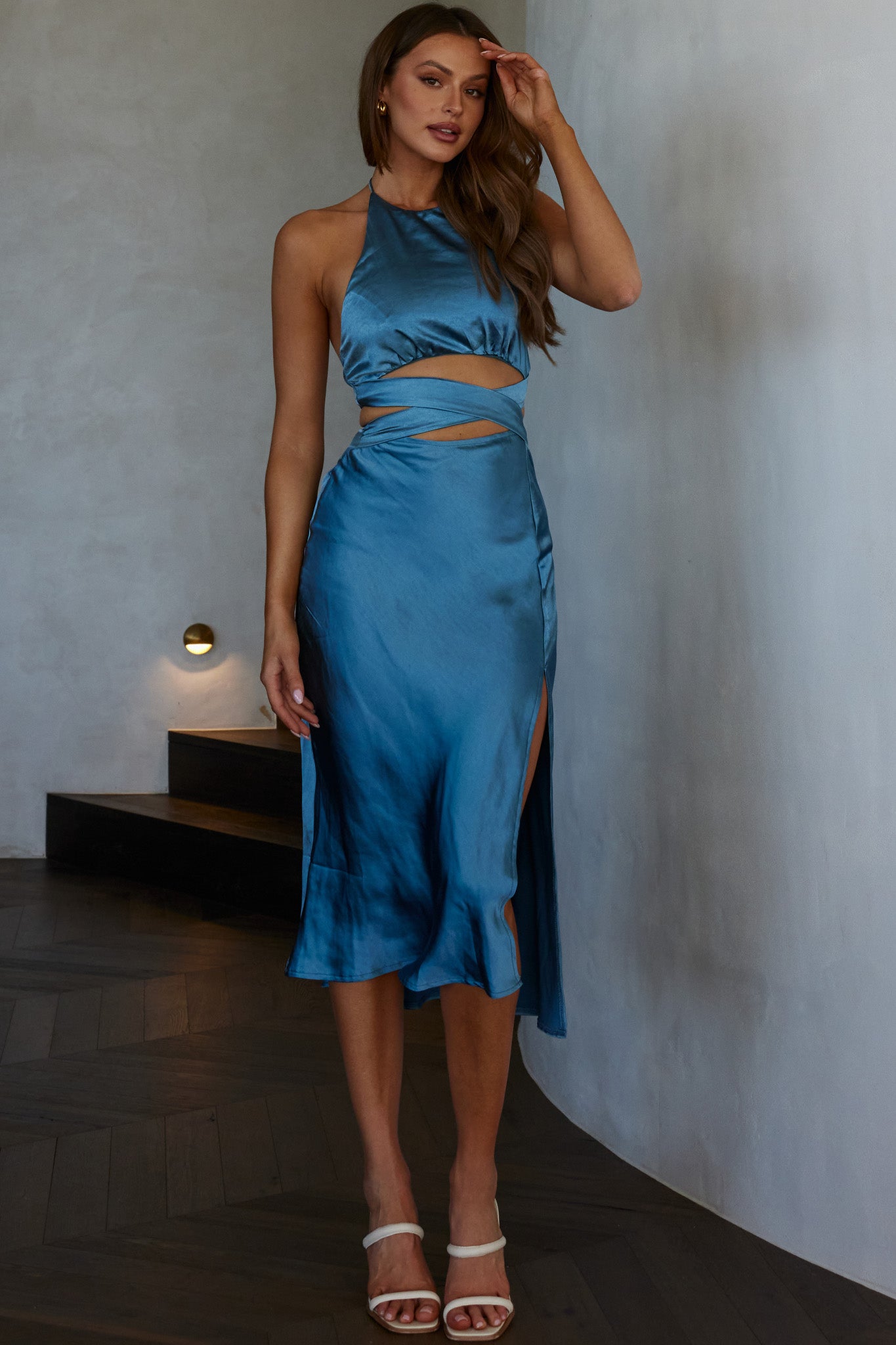 Social Butterfly Cut-Out Waist Midi Dress Midnight Blue-Fable Dress