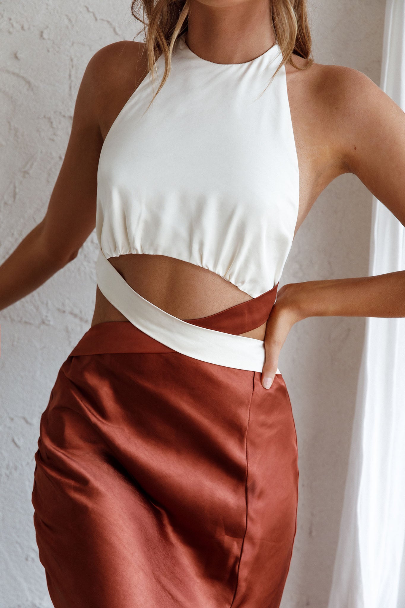 Social Butterfly Cut-Out Waist Midi Dress White Brown-Fable Dress