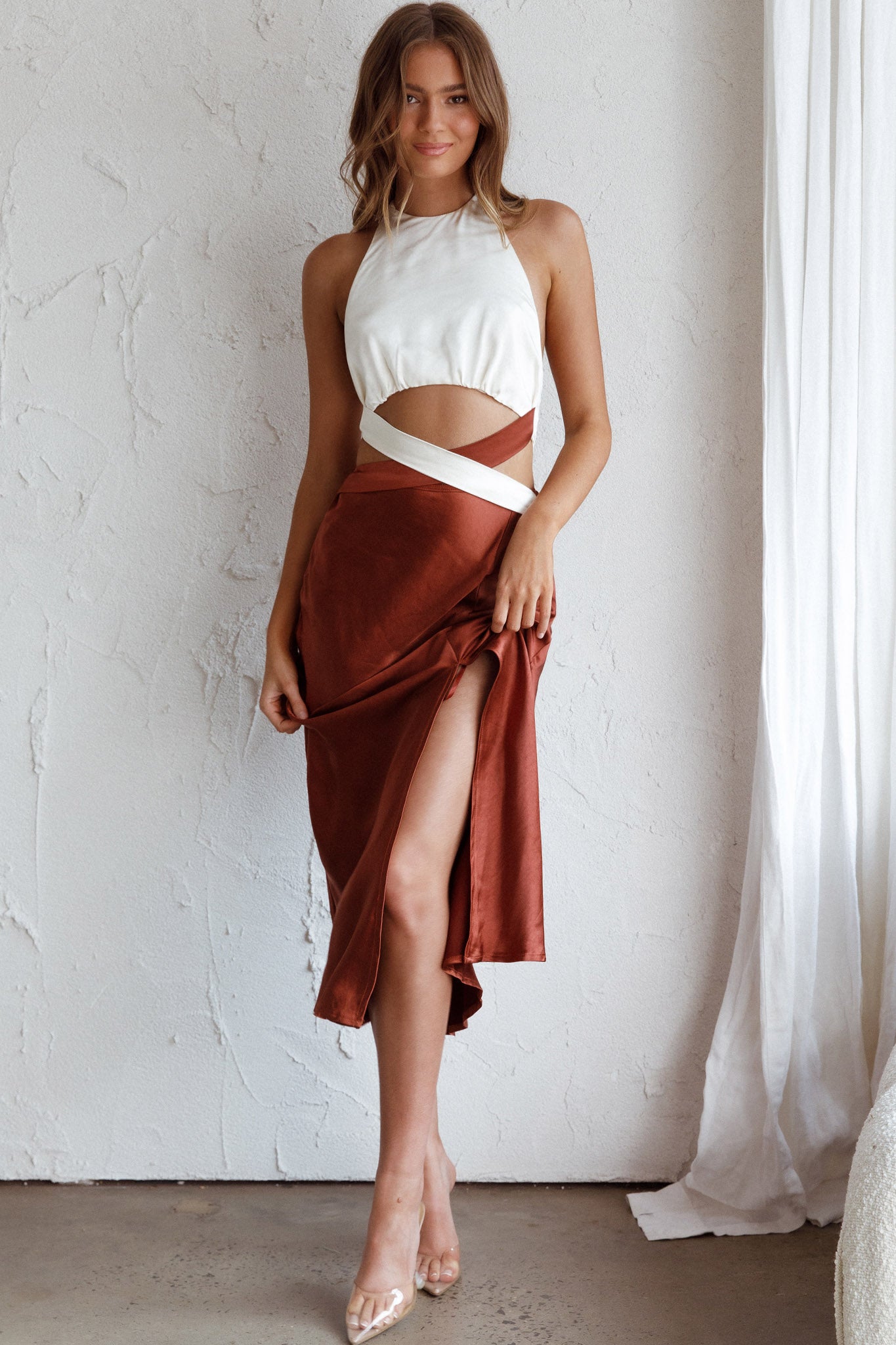 Social Butterfly Cut-Out Waist Midi Dress White Brown-Fable Dress