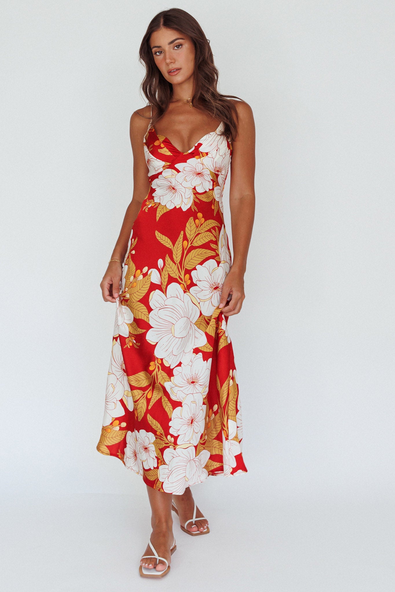 Infinity Pintuck Bust Midi Dress Flower Red-Fable Dress