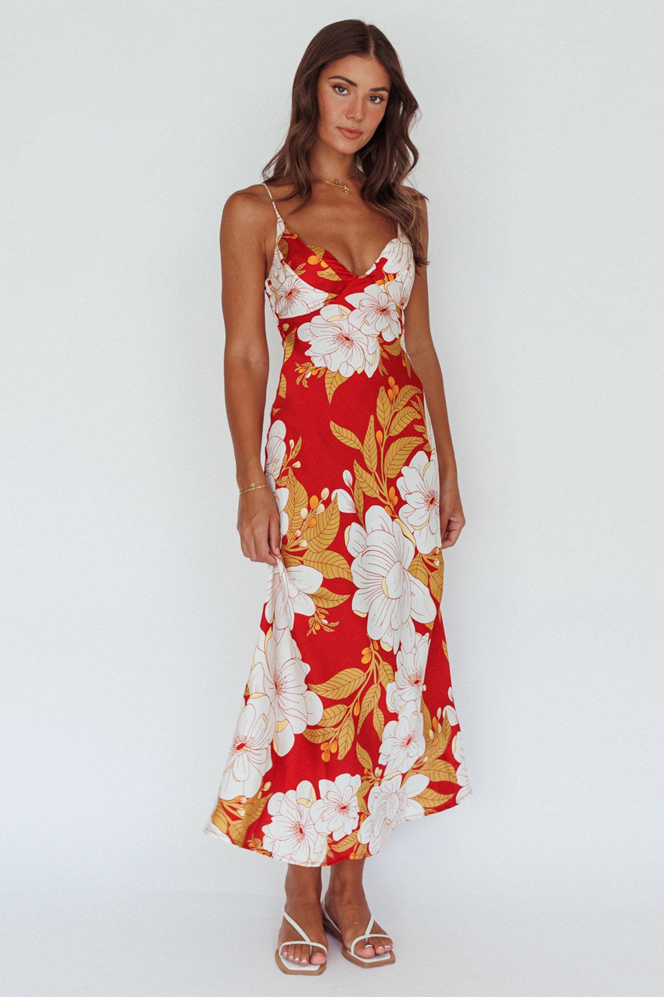 Infinity Pintuck Bust Midi Dress Flower Red-Fable Dress