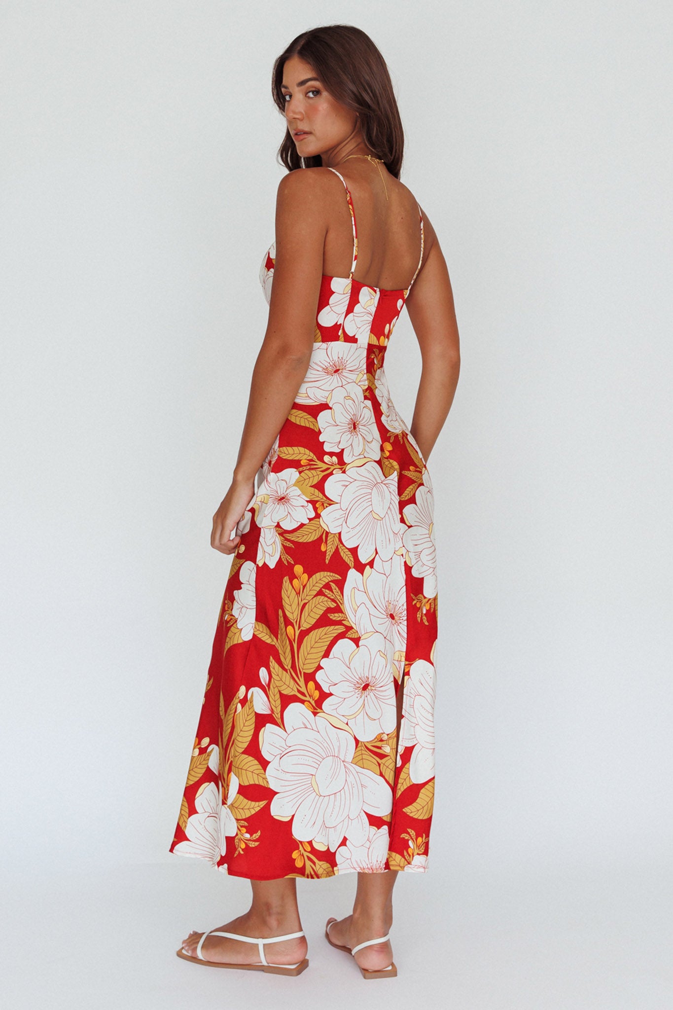 Infinity Pintuck Bust Midi Dress Flower Red-Fable Dress