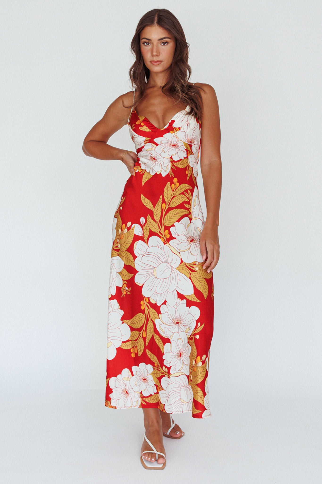 Infinity Pintuck Bust Midi Dress Flower Red-Fable Dress