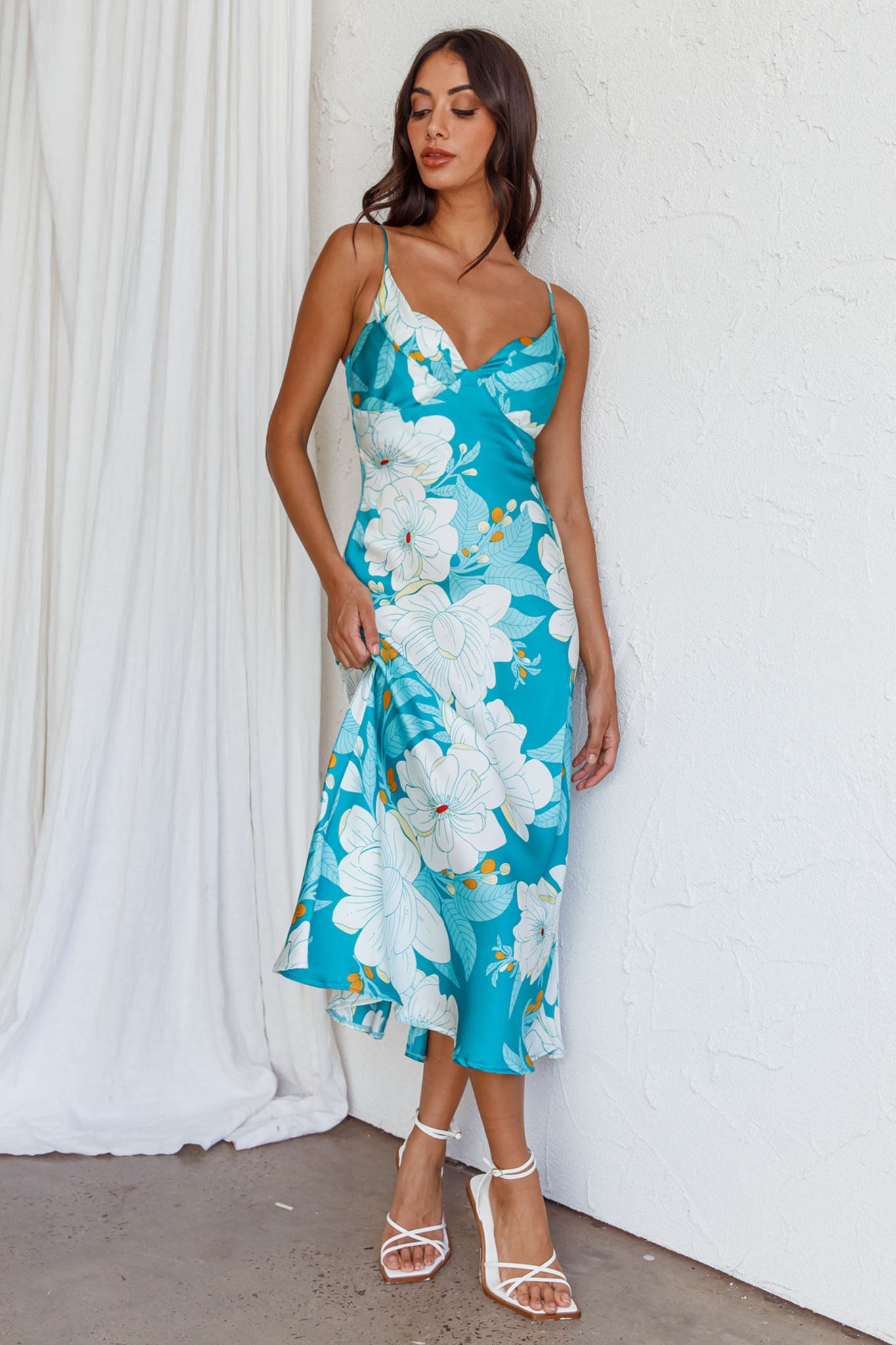 Infinity Pintuck Bust Midi Dress Flower Teal-Fable Dress