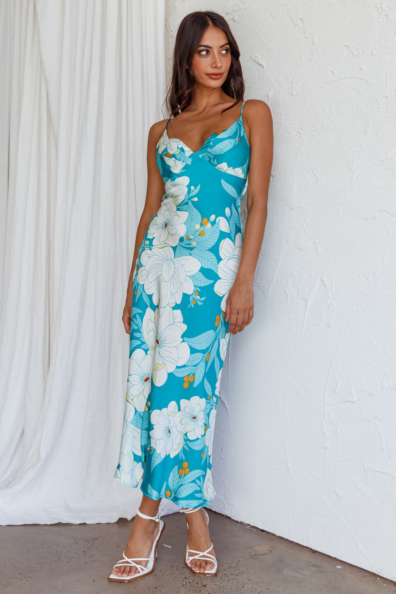 Infinity Pintuck Bust Midi Dress Flower Teal-Fable Dress