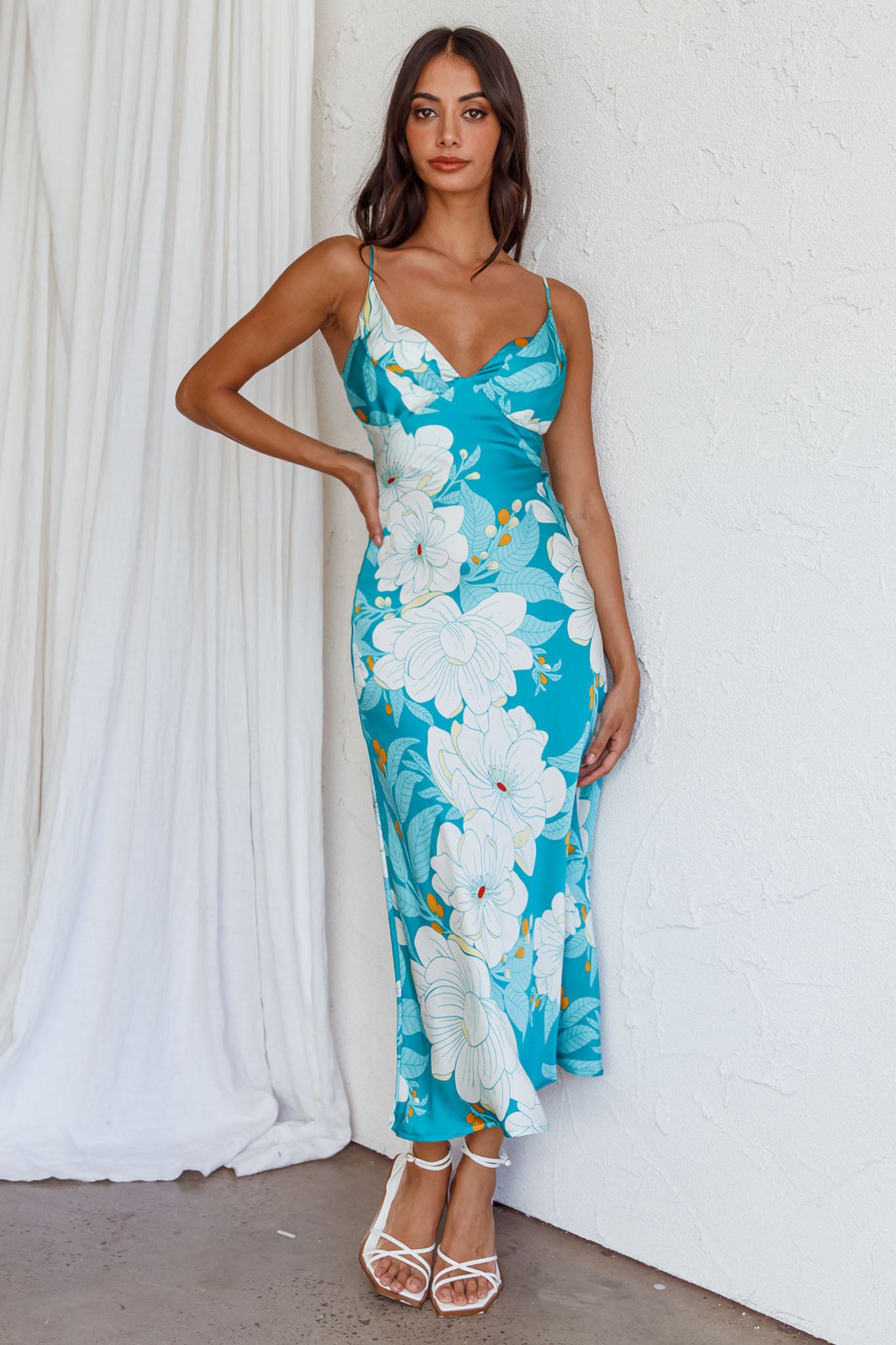 Infinity Pintuck Bust Midi Dress Flower Teal-Fable Dress