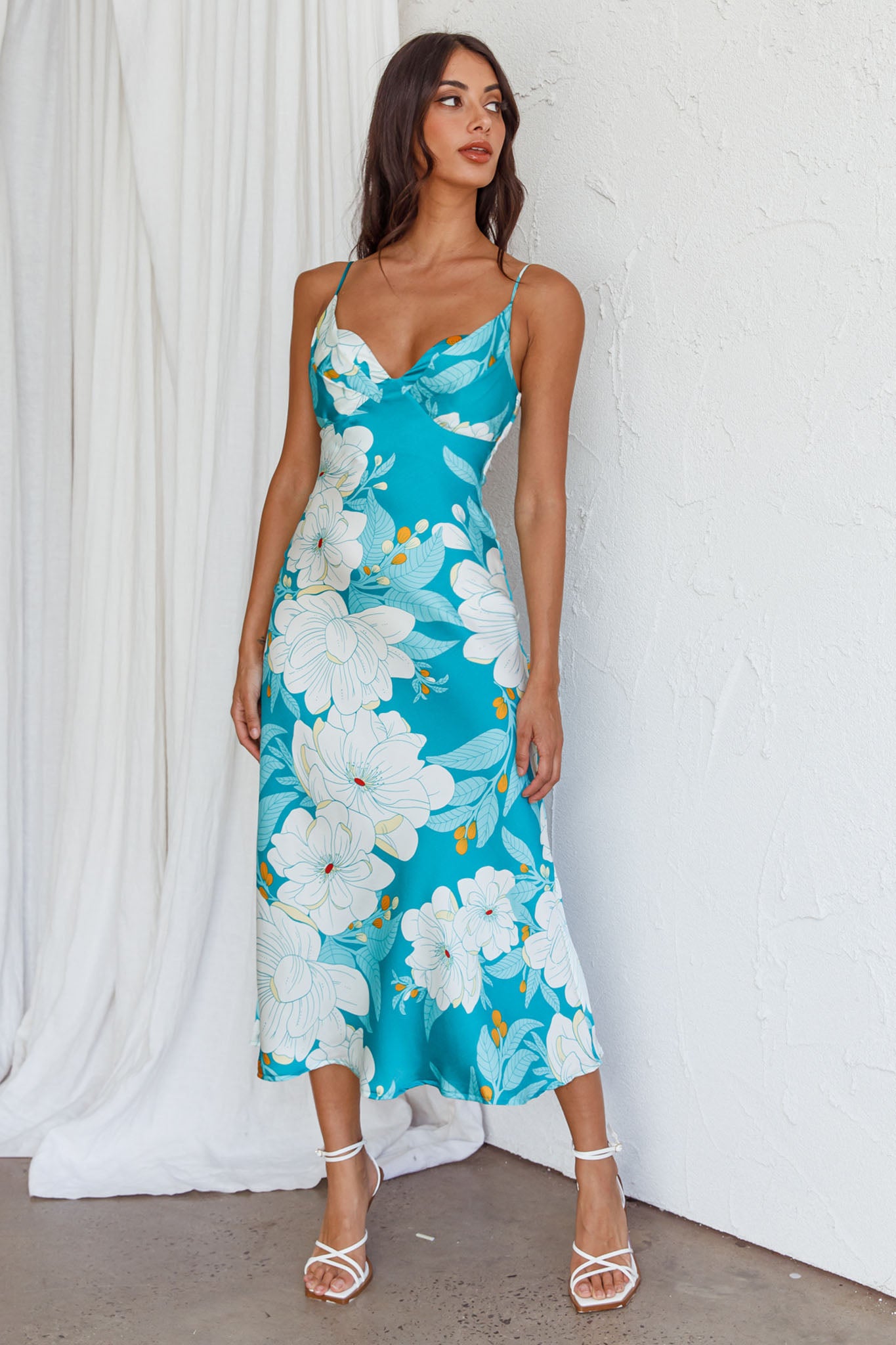 Infinity Pintuck Bust Midi Dress Flower Teal-Fable Dress