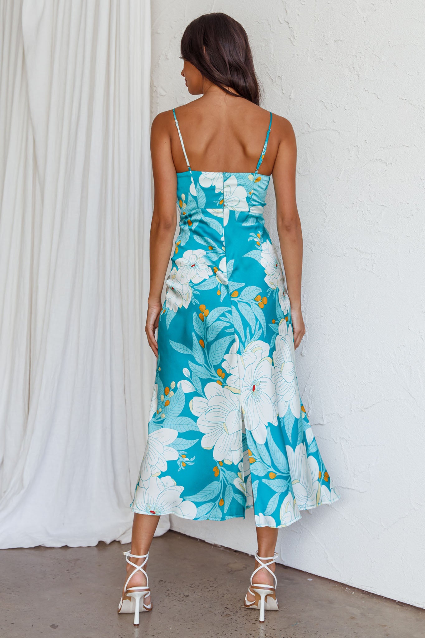 Infinity Pintuck Bust Midi Dress Flower Teal-Fable Dress