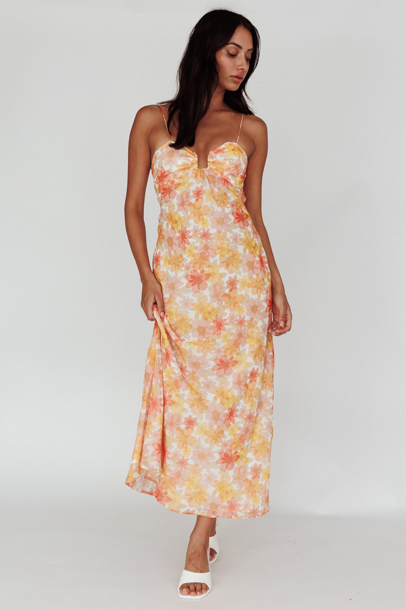 Arika Twist Back Midi Dress Floral Yellow-Fable Dress