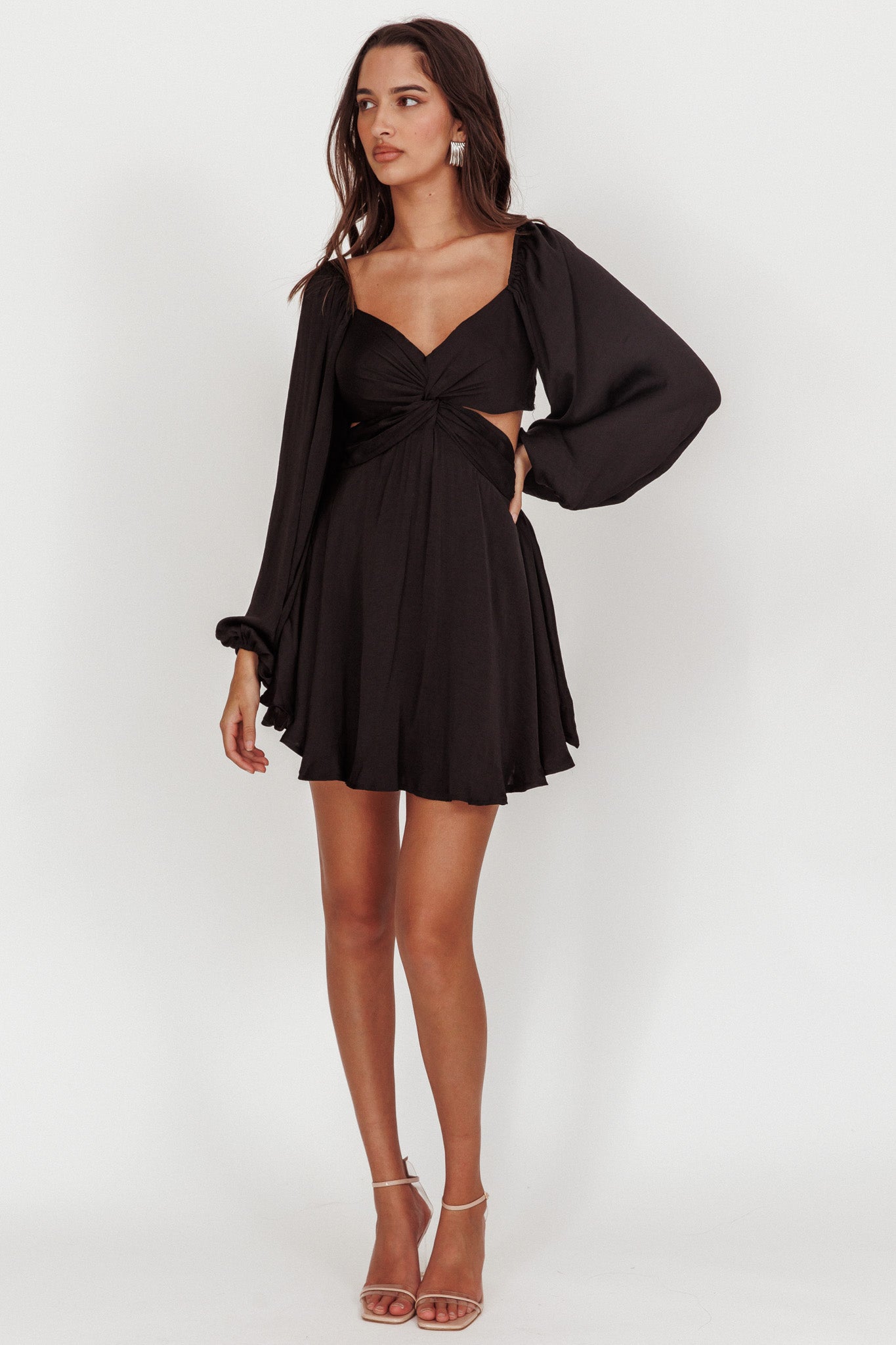 Miraya Balloon Sleeve Twist Mini Dress Black-Fable Dress