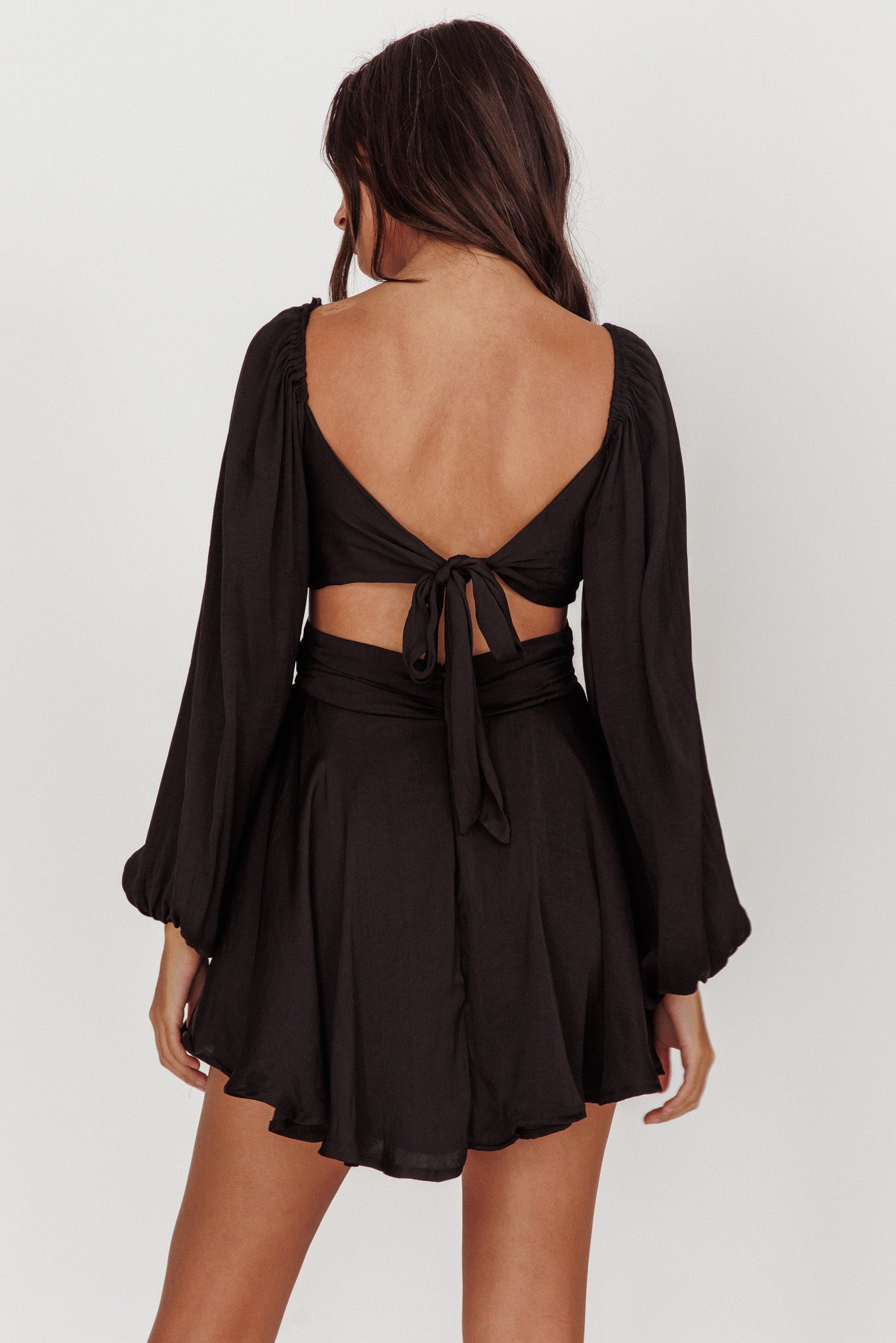 Miraya Balloon Sleeve Twist Mini Dress Black-Fable Dress