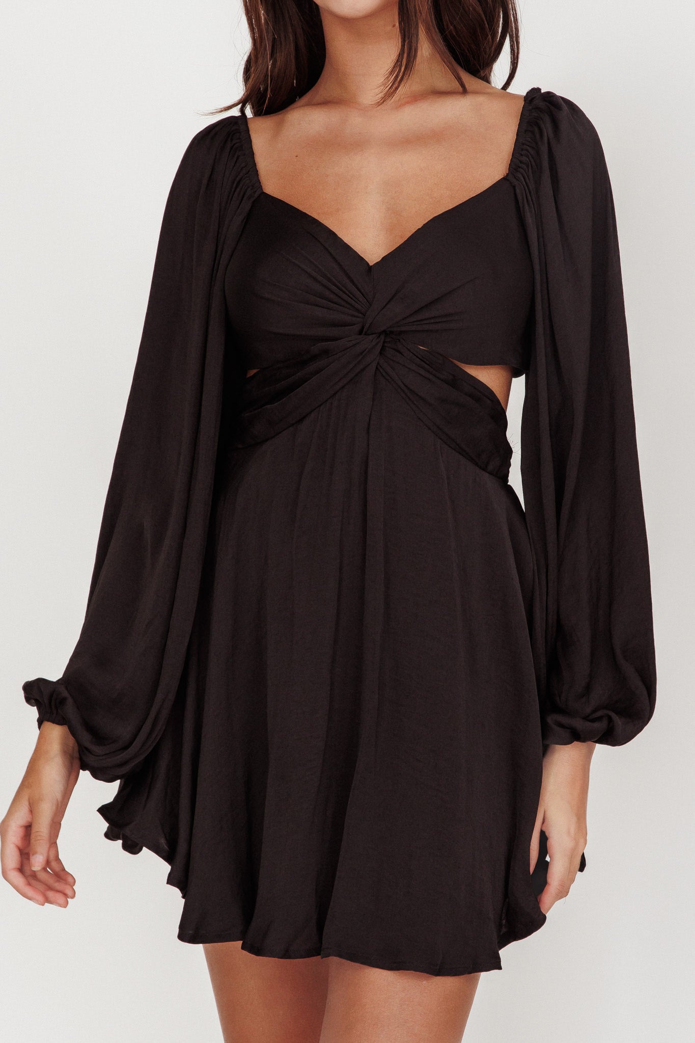 Miraya Balloon Sleeve Twist Mini Dress Black-Fable Dress