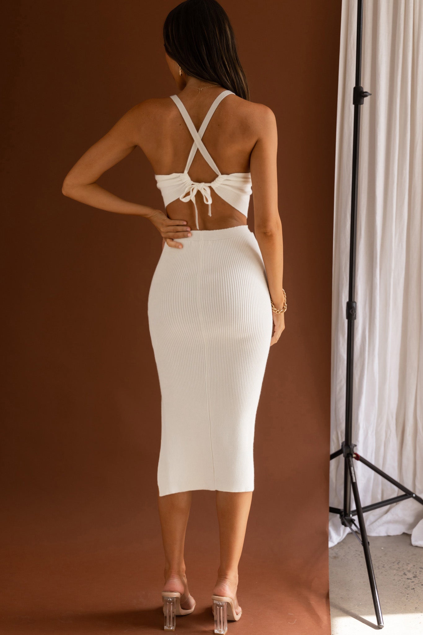 Mayfair Tie-Up Back Thigh Split Knit Midi Dress White-Fable Dress