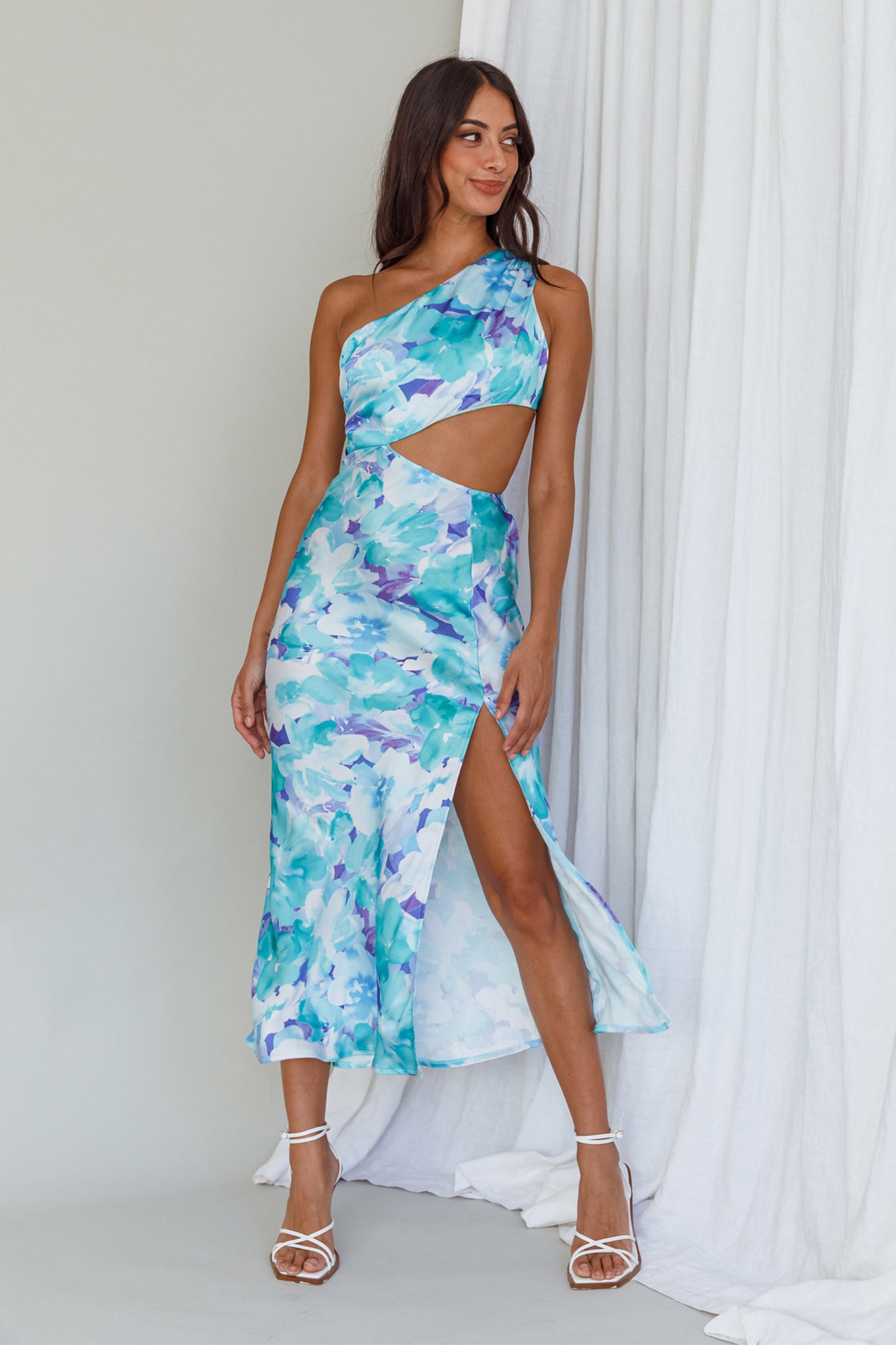 Cameron Cut-Out Midi Dress Floral Green/Blue-Fable Dress