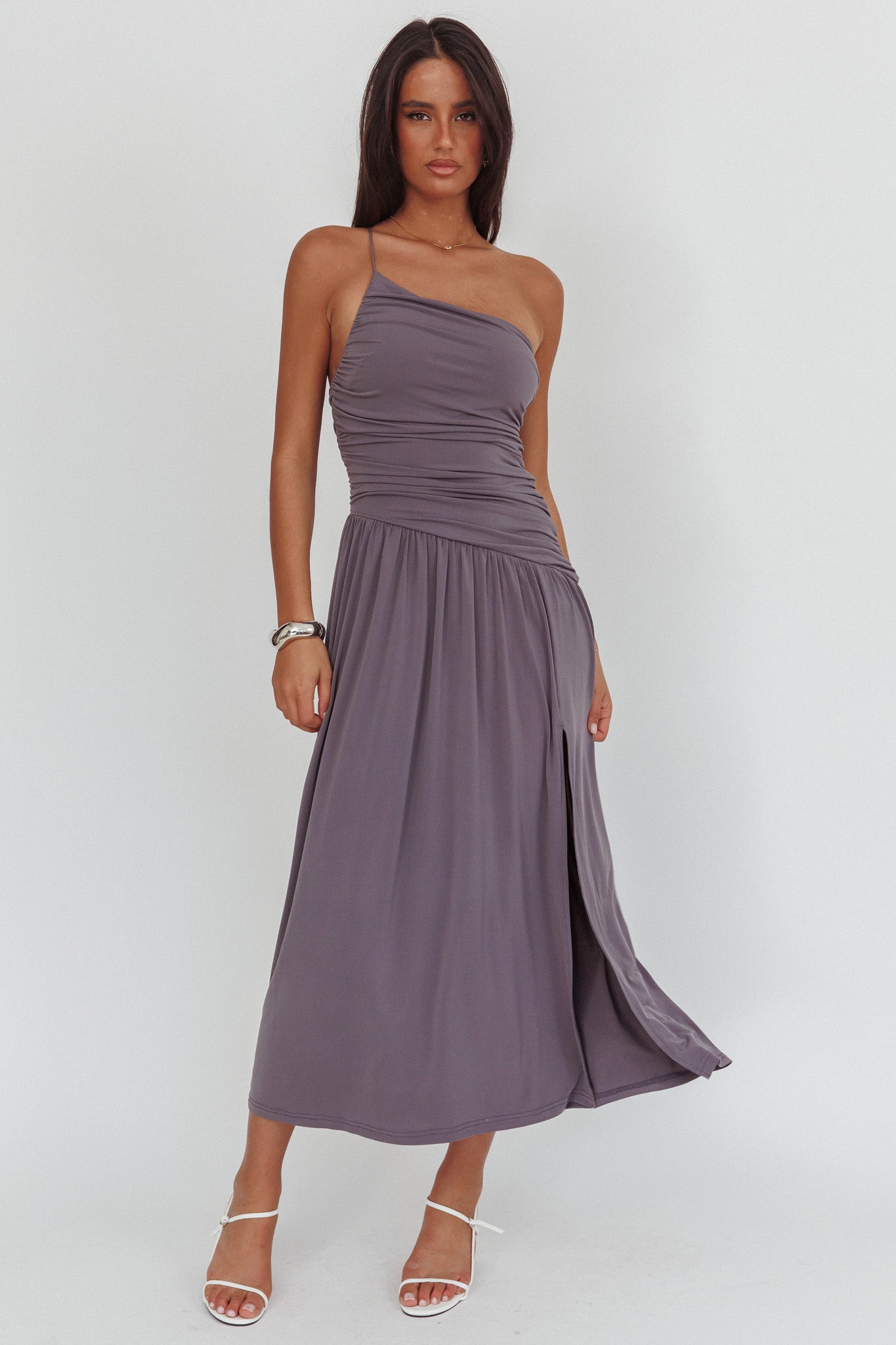 Destination One-Shoulder Maxi Dress Taupe-Fable Dress