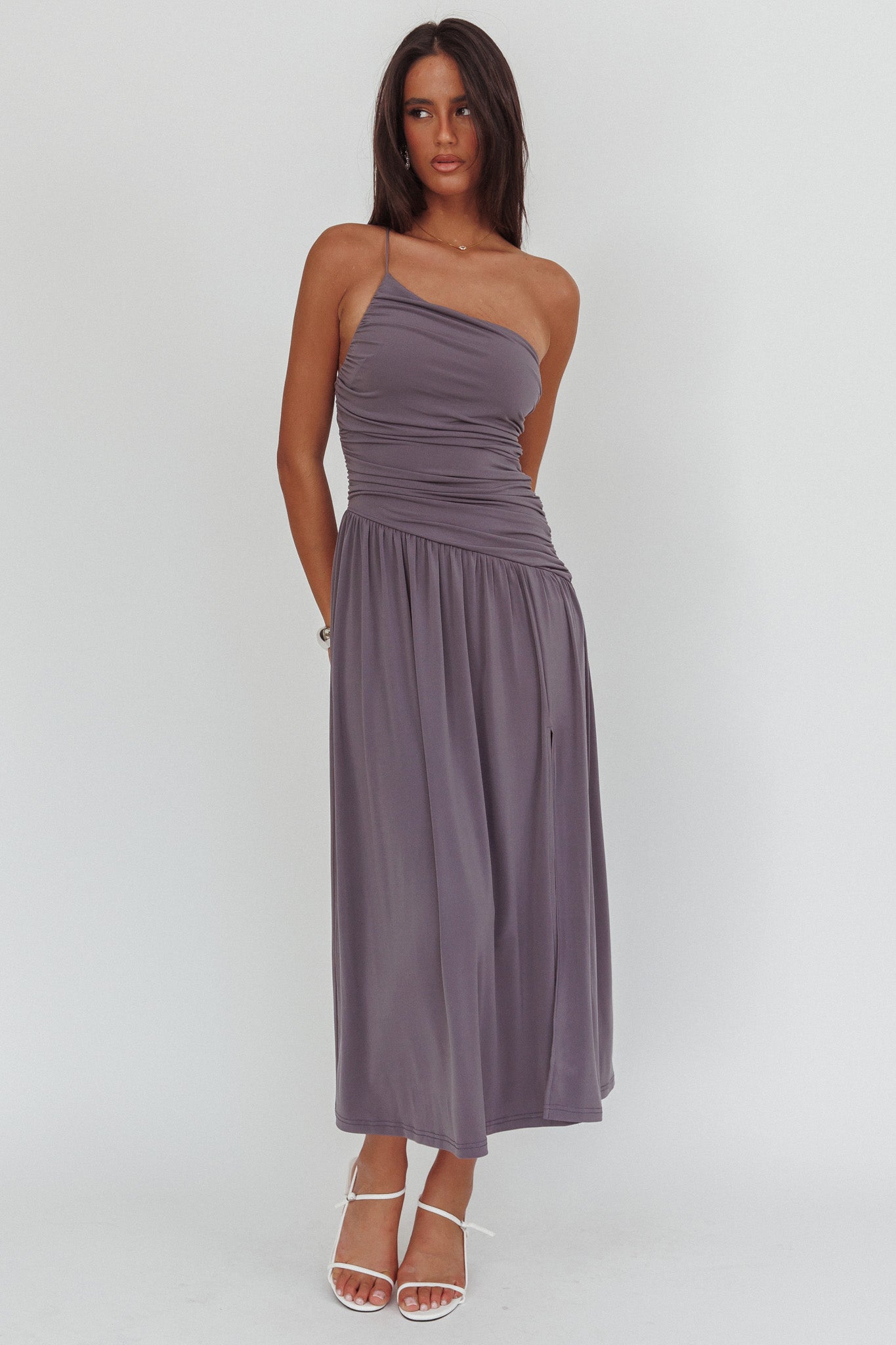 Destination One-Shoulder Maxi Dress Taupe-Fable Dress