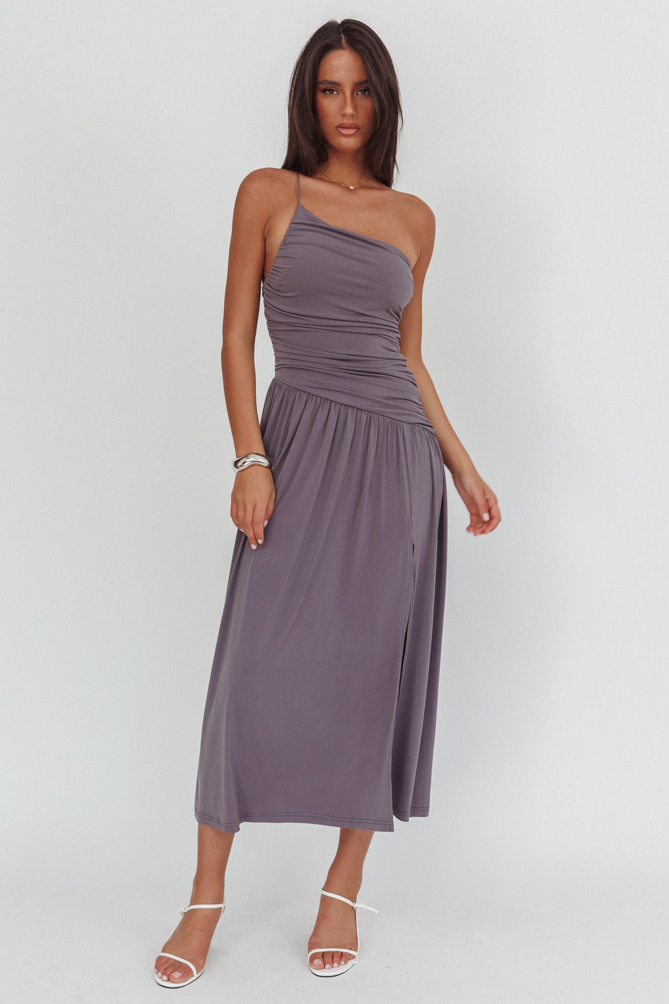 Destination One-Shoulder Maxi Dress Taupe-Fable Dress