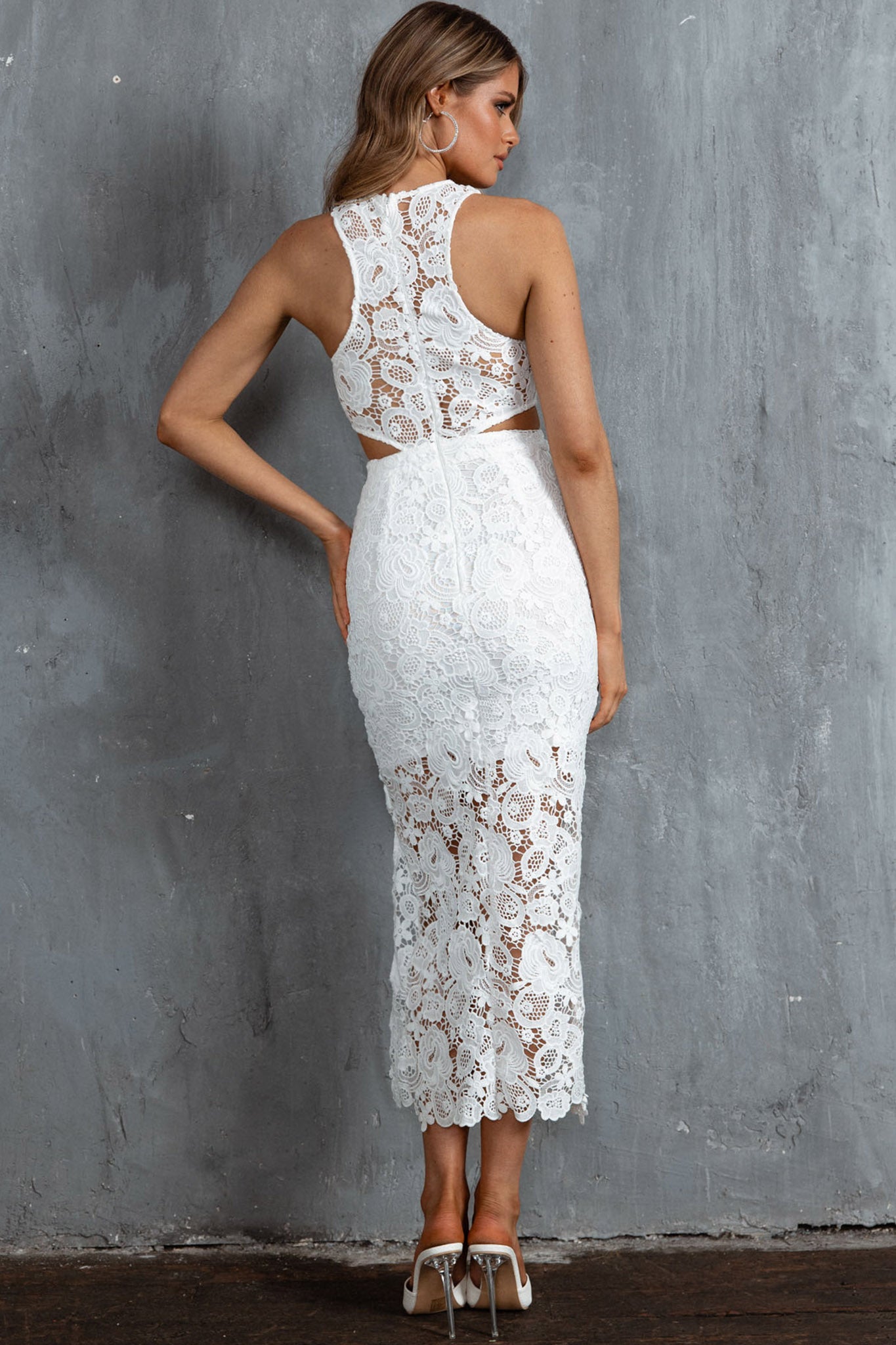 Fiorentina Lace Overlay Midi Dress White-Fable Dress