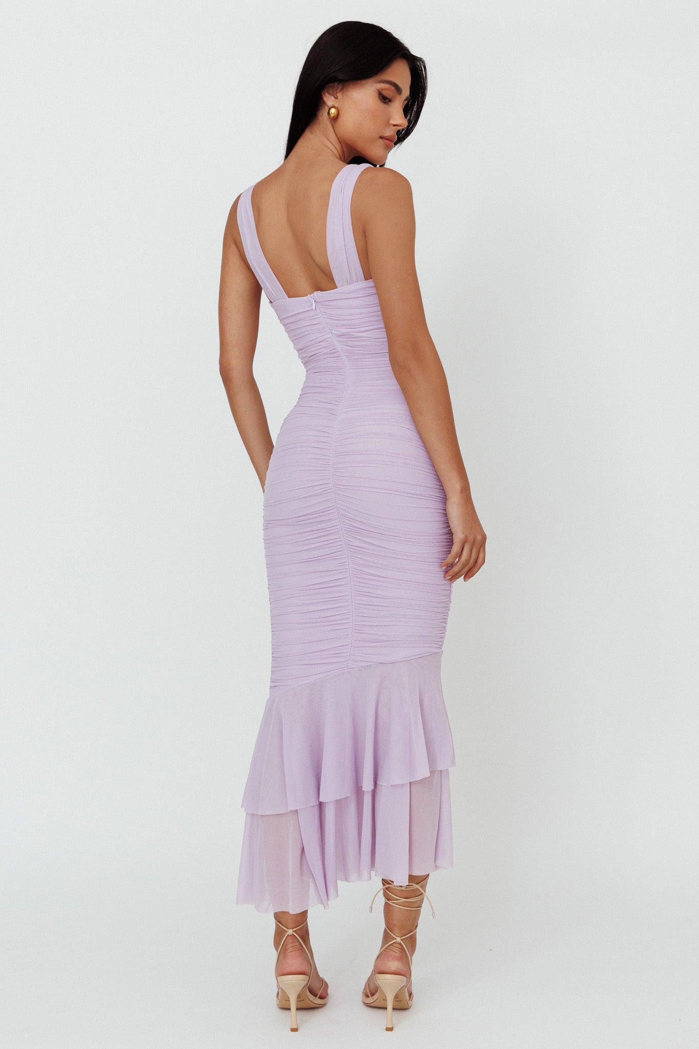 Nadia Ruched Fishtail Maxi Dress Lilac-Fable Dress