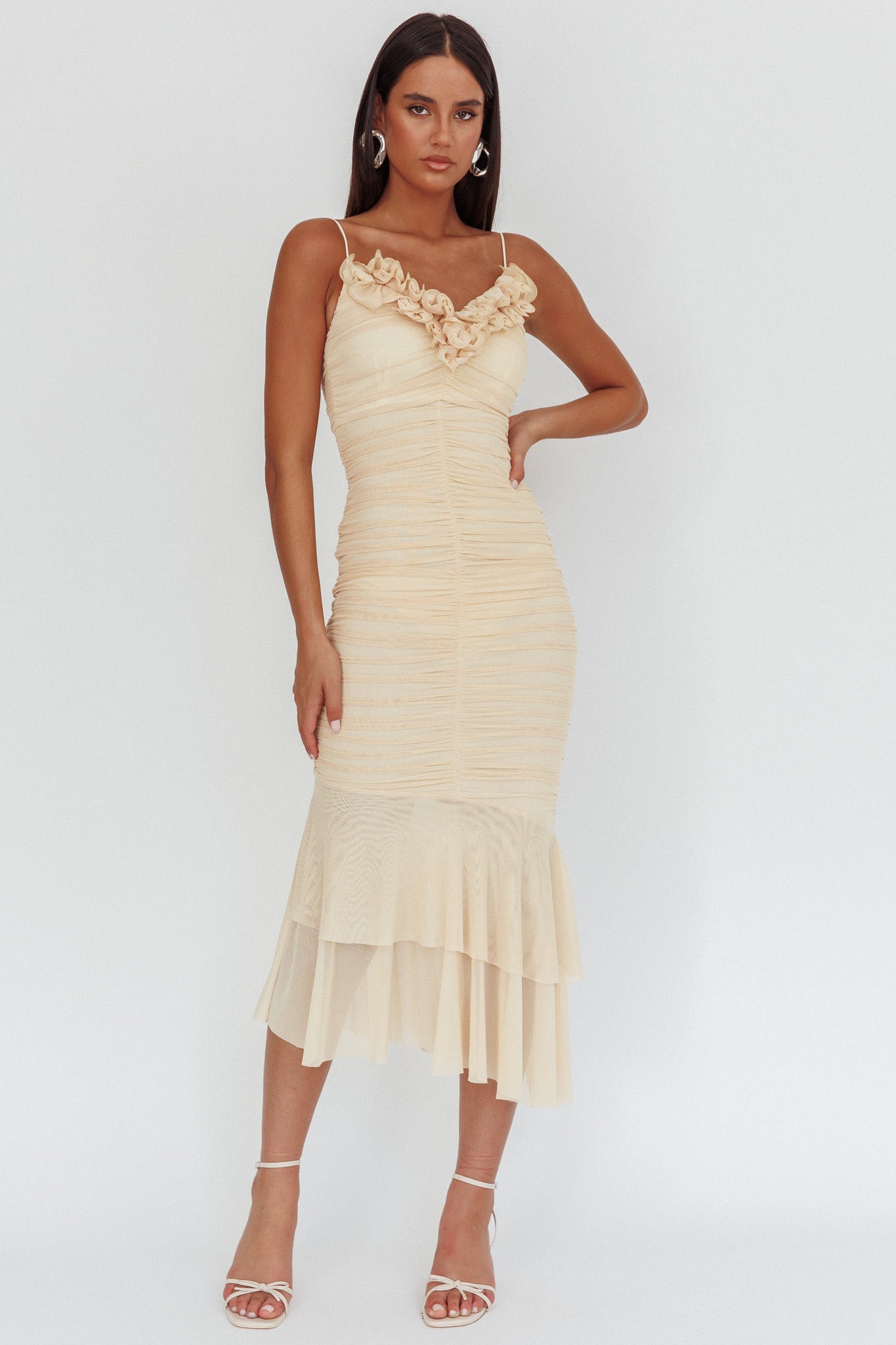 Nadia Ruffle Neckline Ruched Midi Dress Butter-Fable Dress