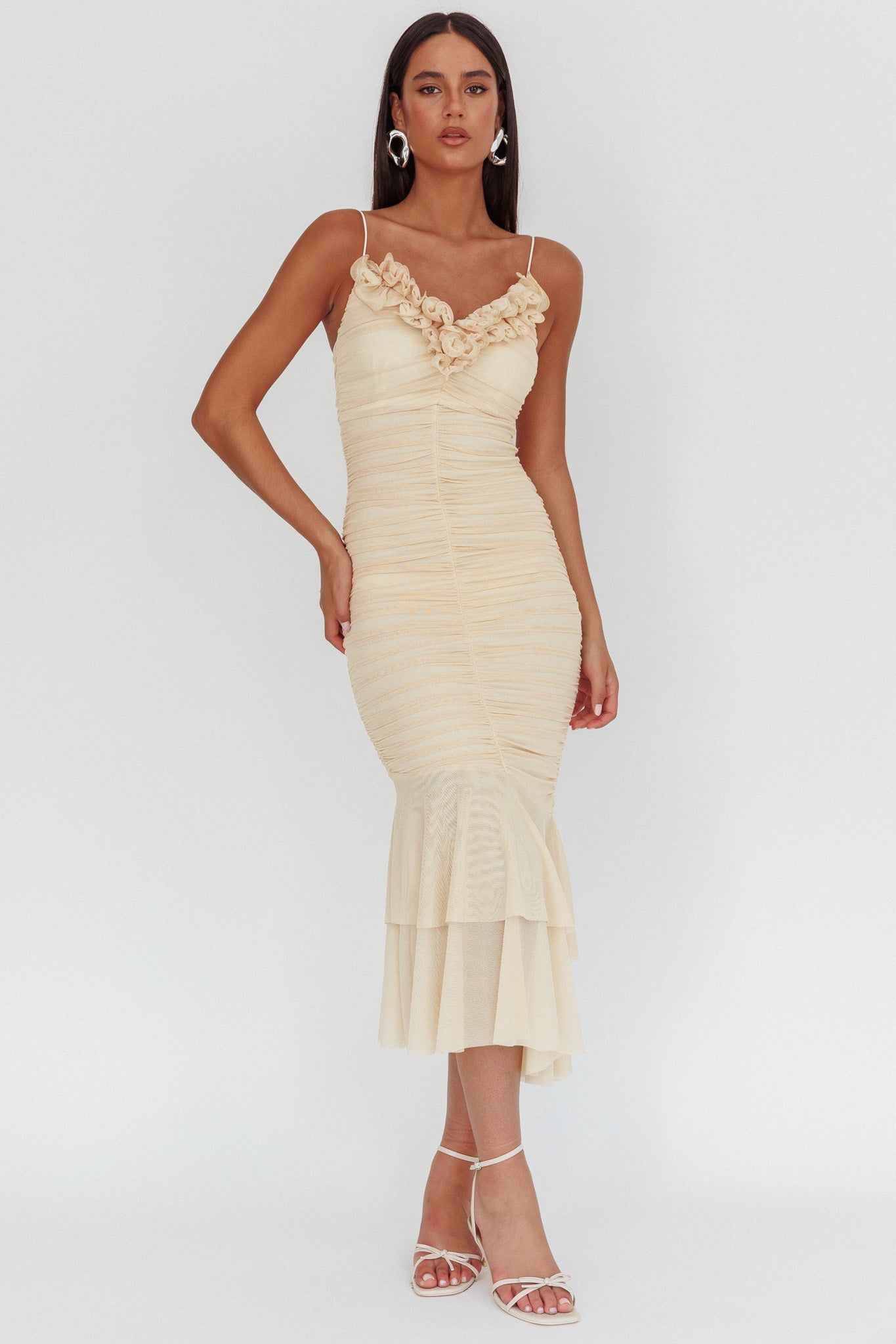 Nadia Ruffle Neckline Ruched Midi Dress Butter-Fable Dress