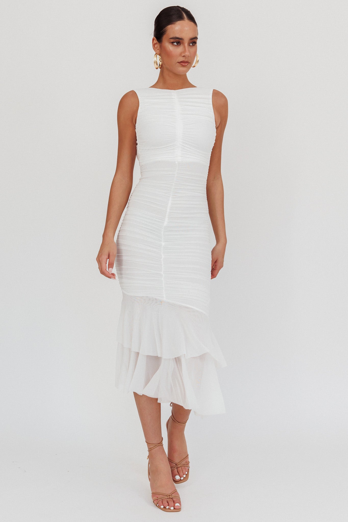 Nadia Sleeveless Ruched Midi Dress White-Fable Dress