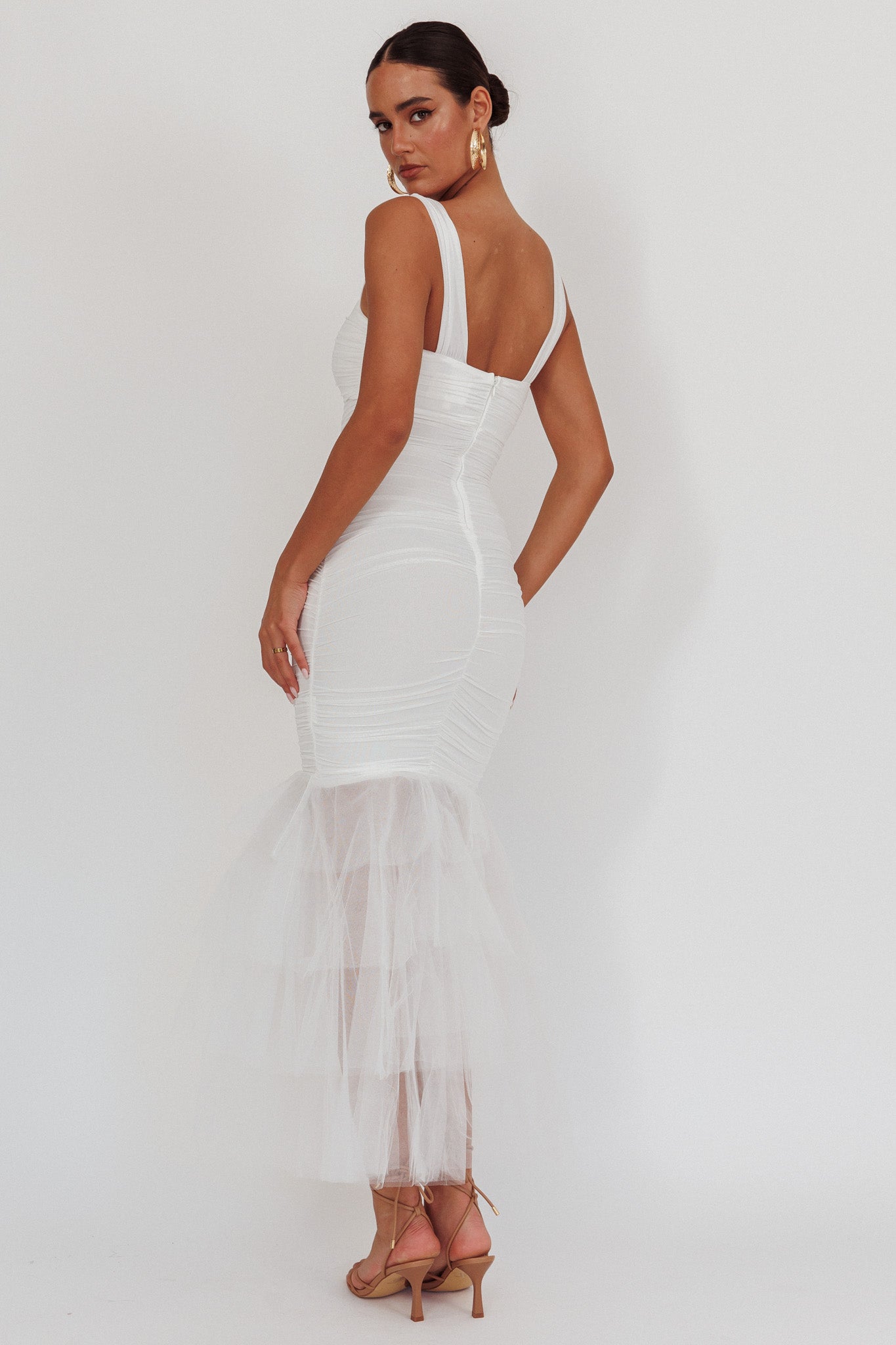 Nadia Tulle Hem Ruched Maxi Dress White-Fable Dress
