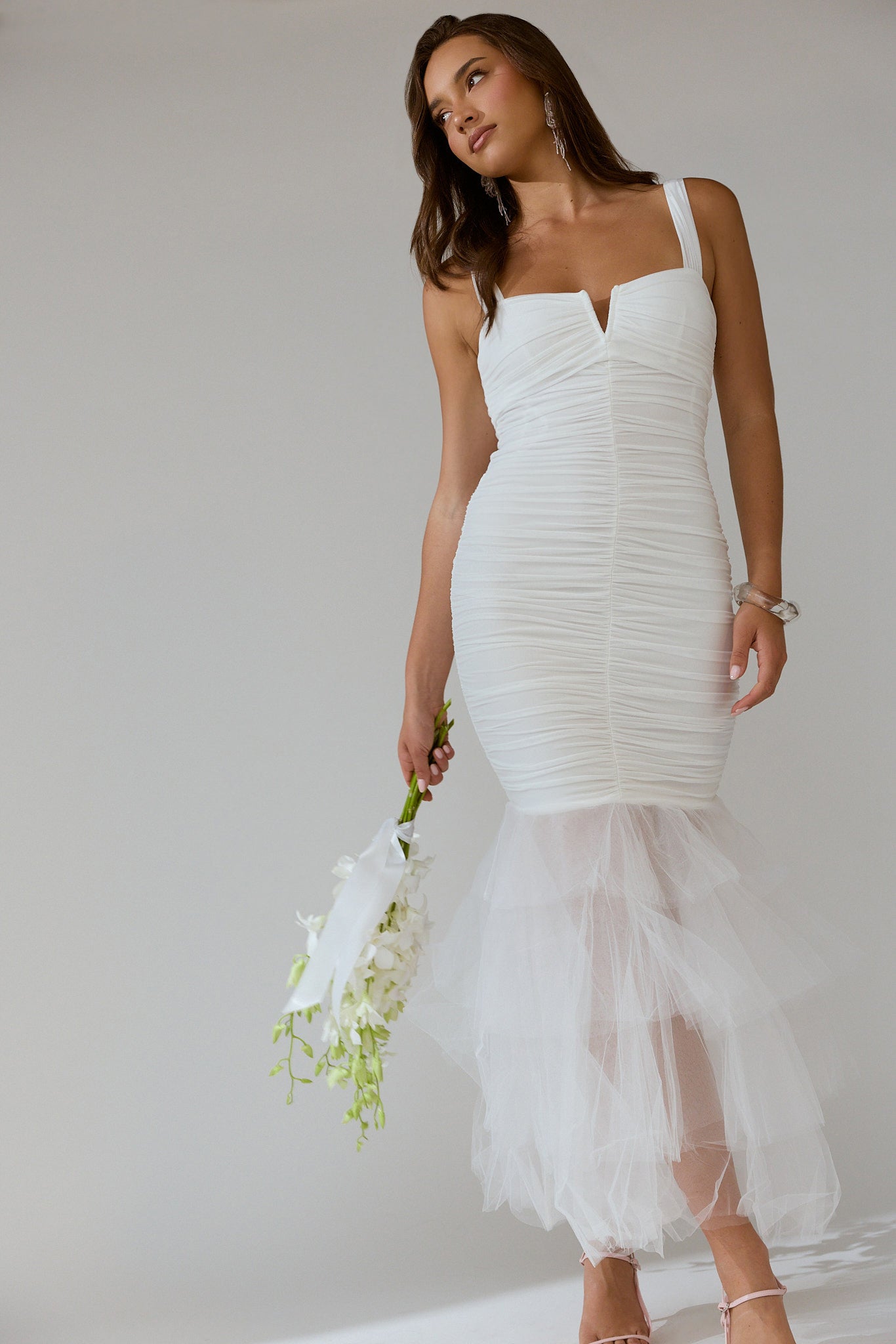 Nadia Tulle Hem Ruched Maxi Dress White-Fable Dress