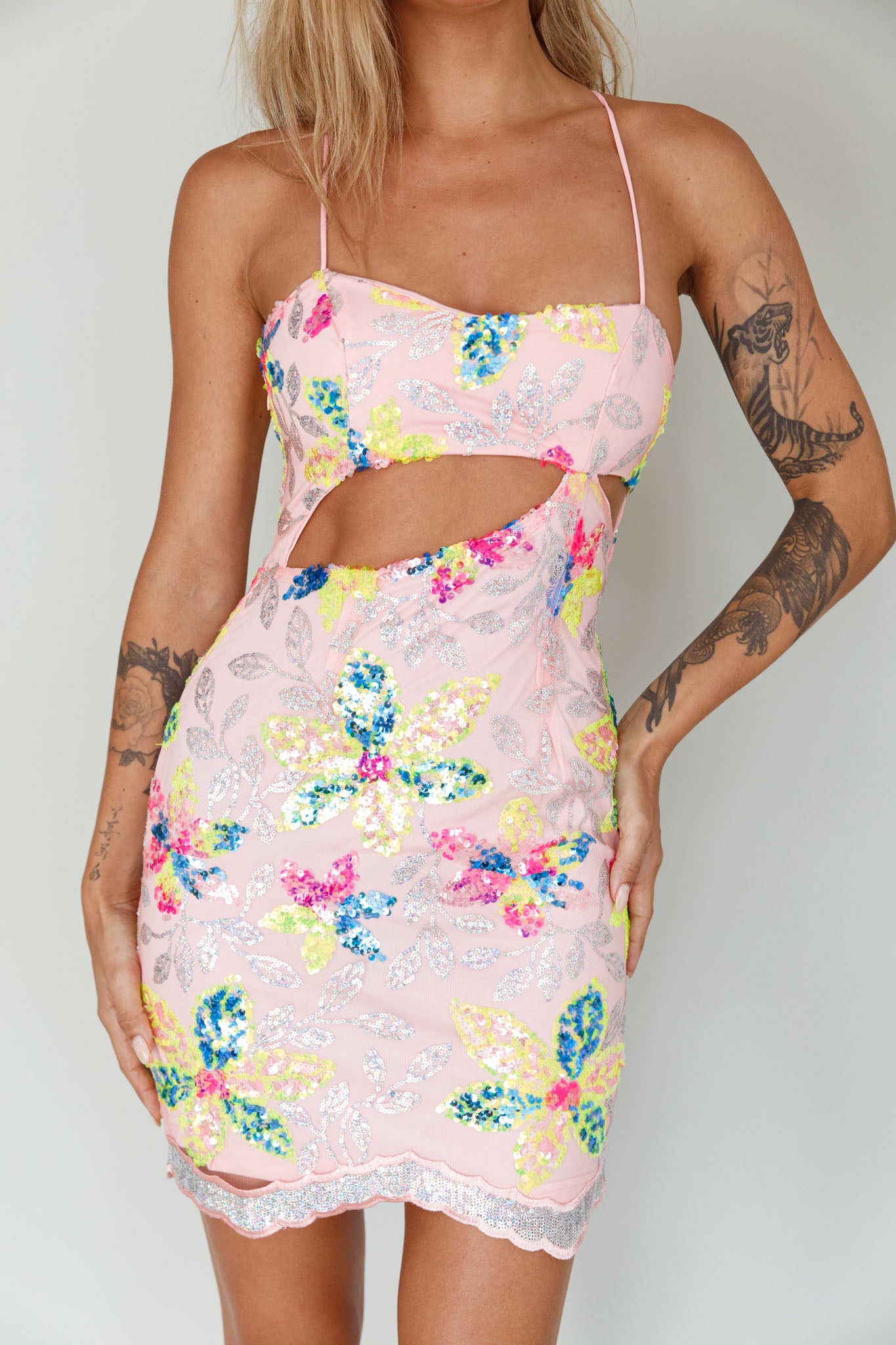 Anu Cut-Out Laced Back Sequin Dress Pink-Fable Dress