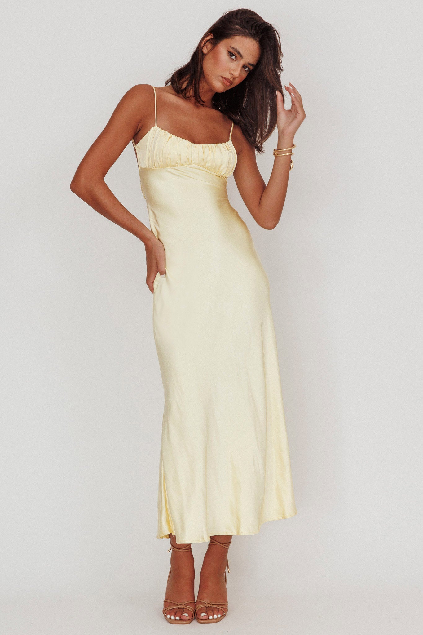 Nerida Twist Back Satin Maxi Dress Lemon-Fable Dress