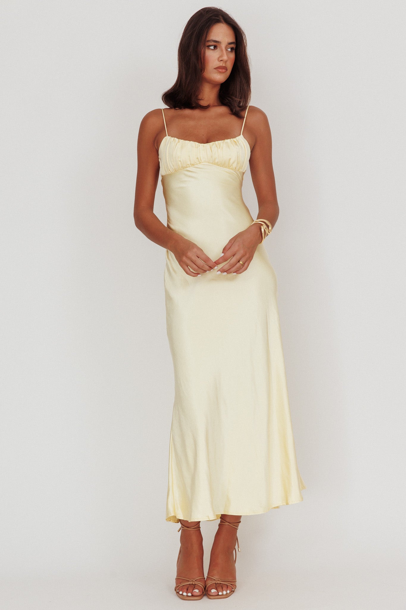Nerida Twist Back Satin Maxi Dress Lemon-Fable Dress