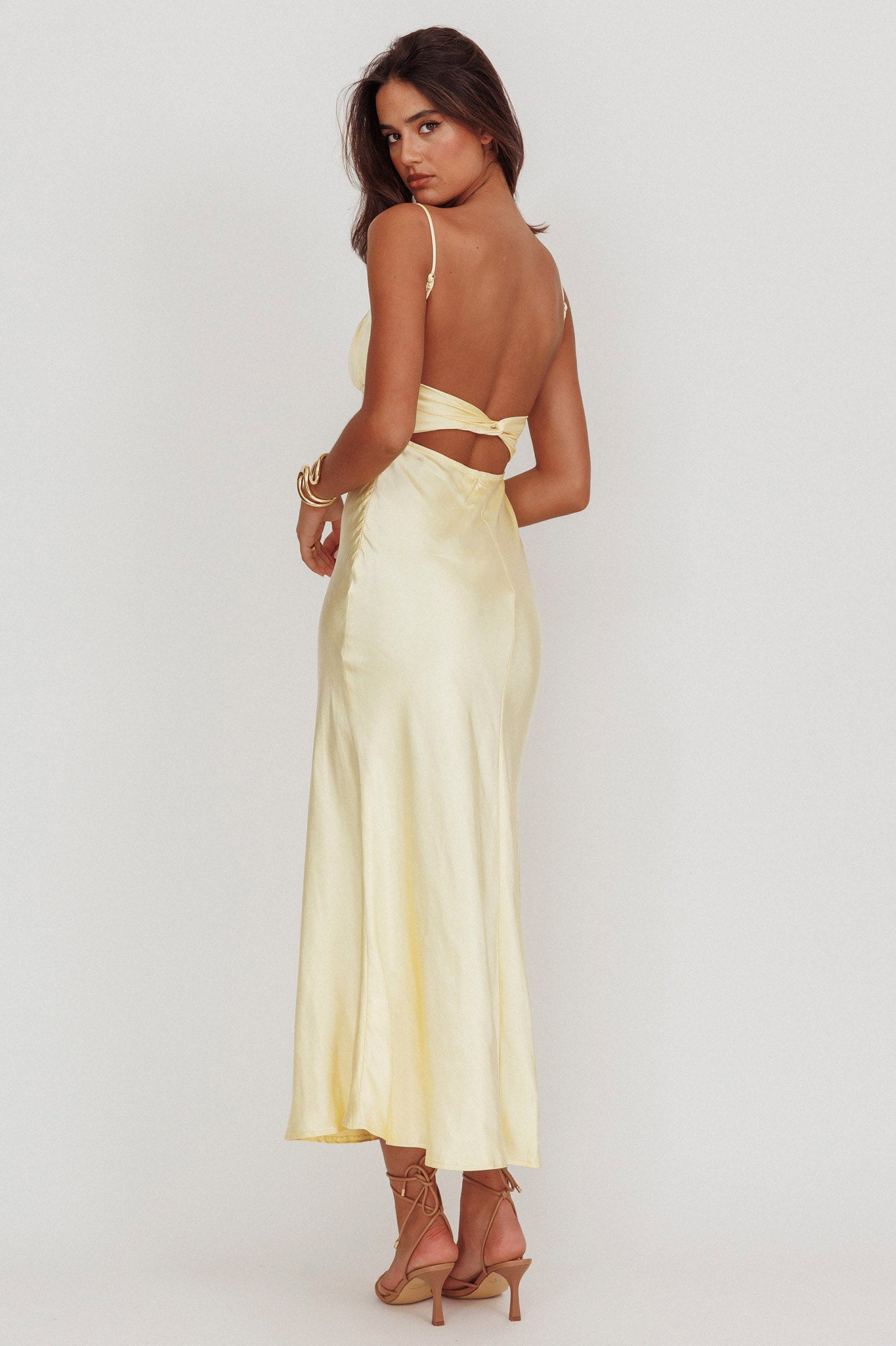 Nerida Twist Back Satin Maxi Dress Lemon-Fable Dress